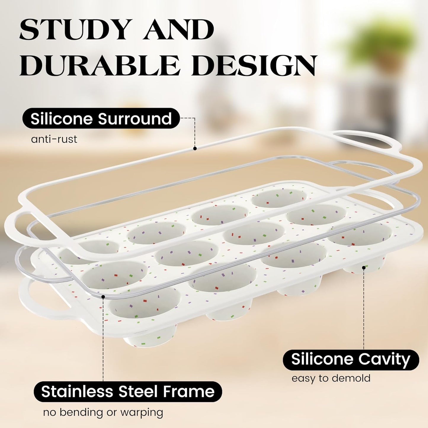 1 Pc Silicone Muffin Pan for Baking with Metal Frame, Nonstick 12 Cup Regular Size Cupcake Pan, Silicone Muffin Tray for Egg Bites (Cream)