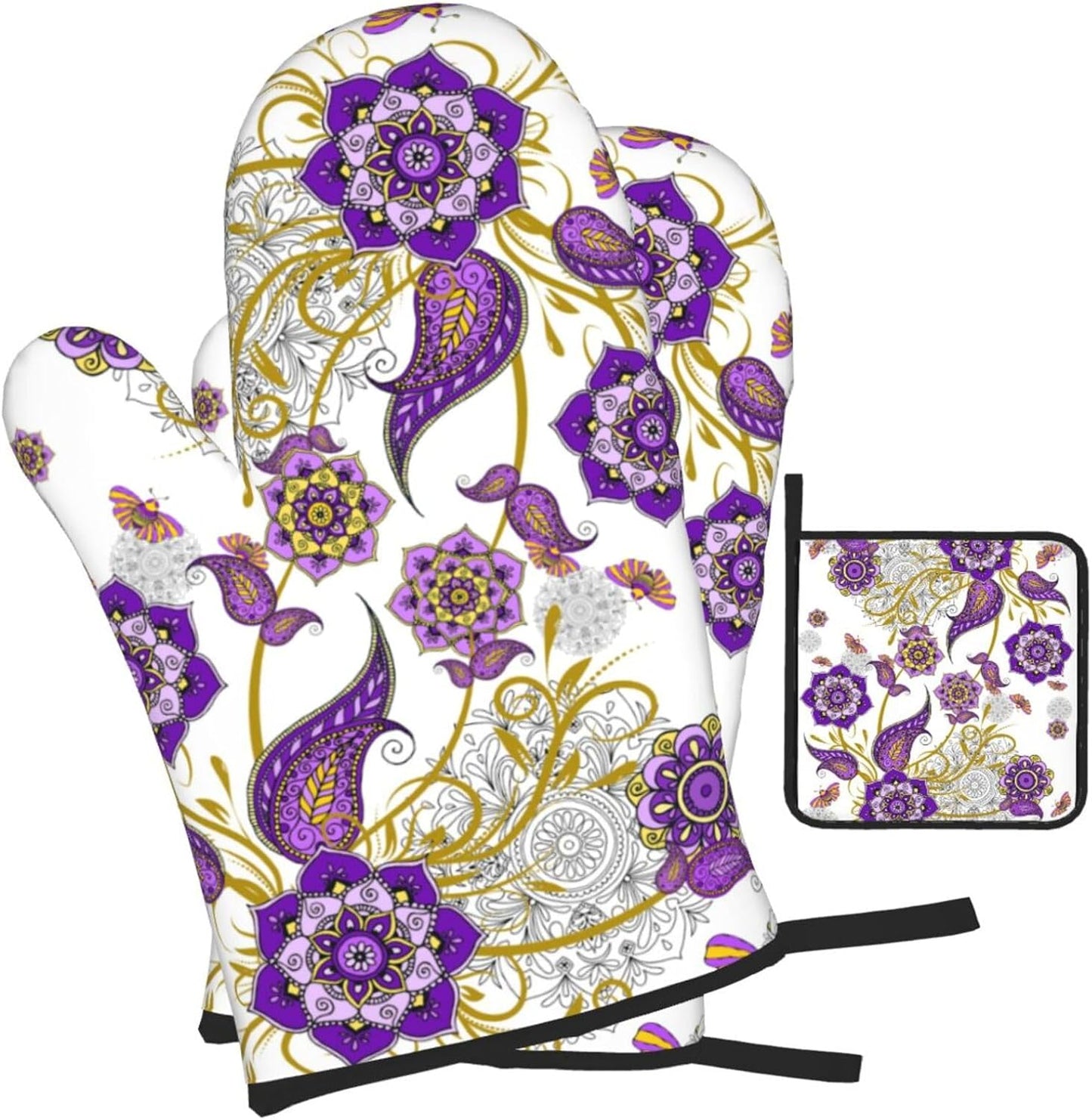Purple Flower Oven Mitts and Pot Holders Sets of 3 Kitchen Decor Heat Resistant Hot Pads Boho Floral Oven Gloves for Cooking Grilling Baking