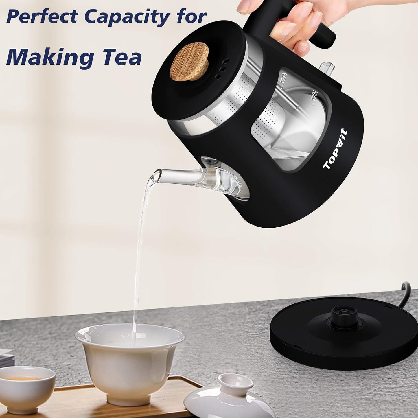 Topwit Electric Kettle, 1.0L Electric Tea Kettle with Removable Stainless Steel Infuser, BPA-Free Electric Glass Kettle with Window, Double Wall Water Warmer, Gooseneck, Auto-shut Off, Black