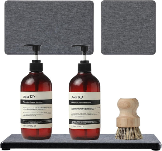 3PCS Water Absorbing Soap Dish Sponge Holder, Diatomite Stone Drying Tray Mat Sink Caddy for Kitchen Counter & Bathroom, Small Stone Bath Mat Faucet Accessories Organizer Protector,Dark Gray,9"x 3.5"