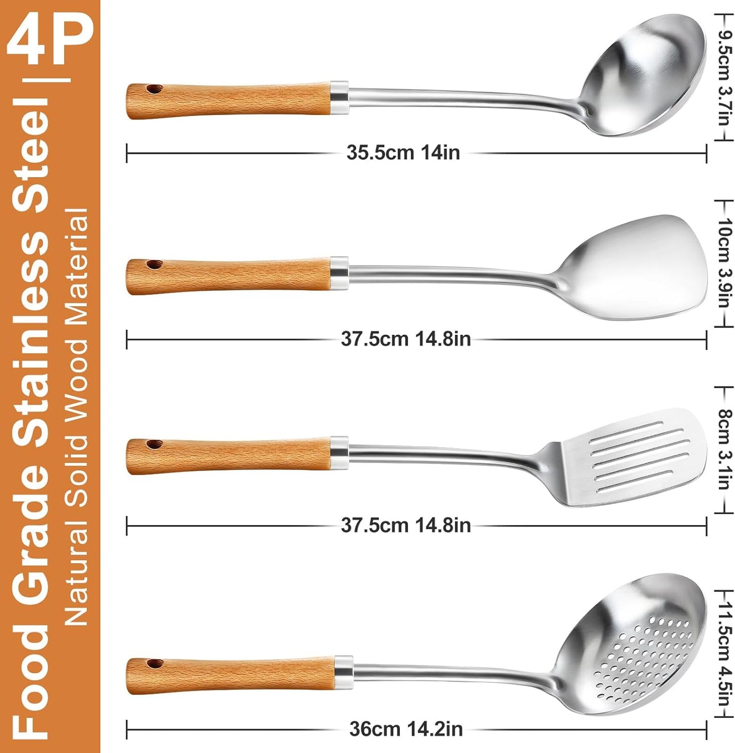 Pleafind 4-Pcs Cooking Utensils Set, Stainless Steel Kitchen Utensils with Wooden Hanlde, Kitchen Essentials Set Include Wok Ladle, Slotted Spoon, Wok Spatula and Slotted Spatula, Dishwasher Safe
