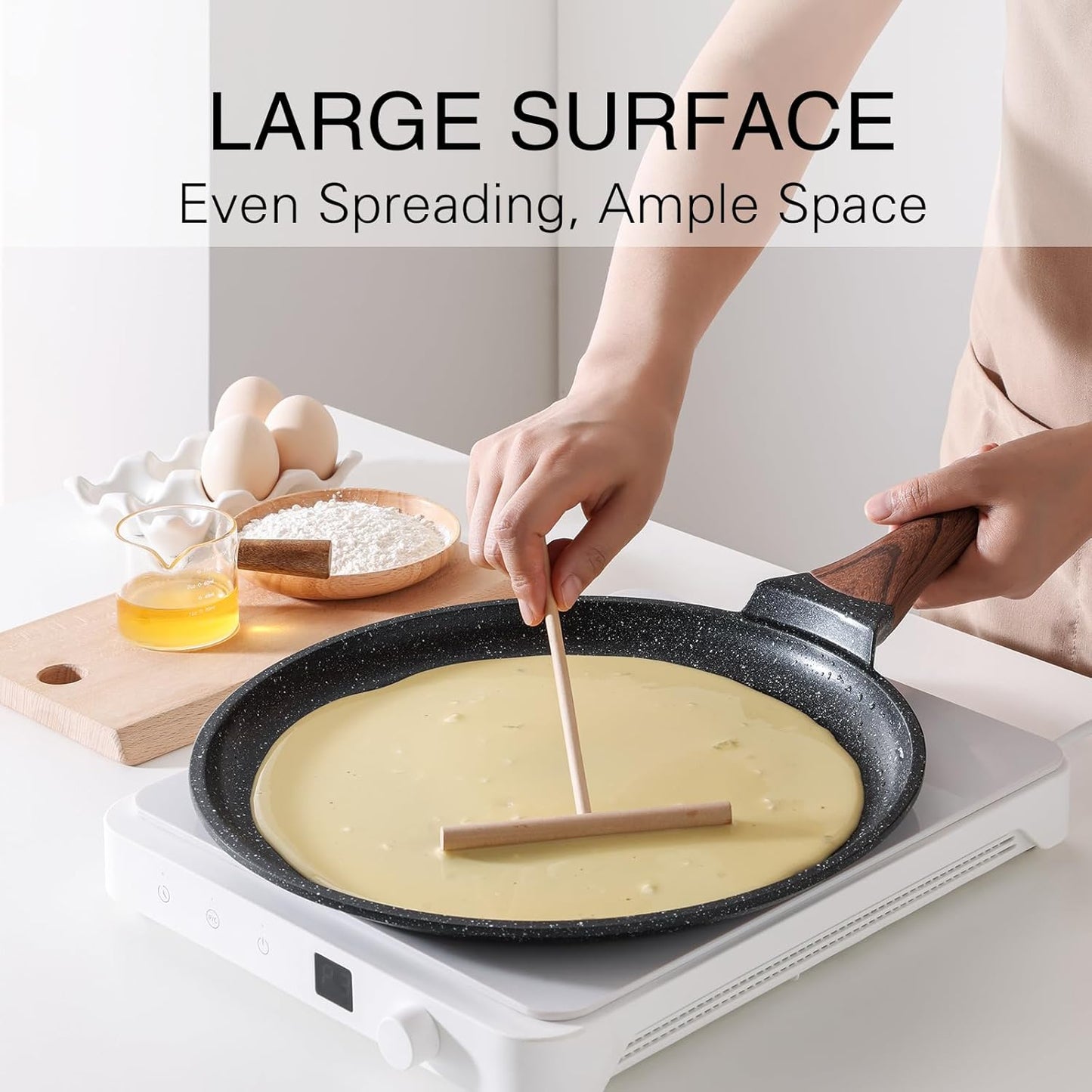 Crepe Pan Nonstick, 12 Inch Dosa Pan with Spreader, Granite Coating Comales Para Tortillas Pancake Pan, Flat Pan for Stove Top, Induction Compatible, PFOA Free