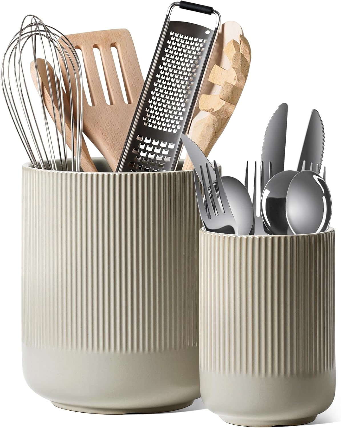 LE TAUCI Utensil Holder, 7.3"+5.4" Ceramic Kitchen Utensil Holder for Countertop, Large Cooking Utensil Crocks for Kitchen Counter, Morden Utensil Organizer for Spatula, Set of 2, Oatmeal Greige
