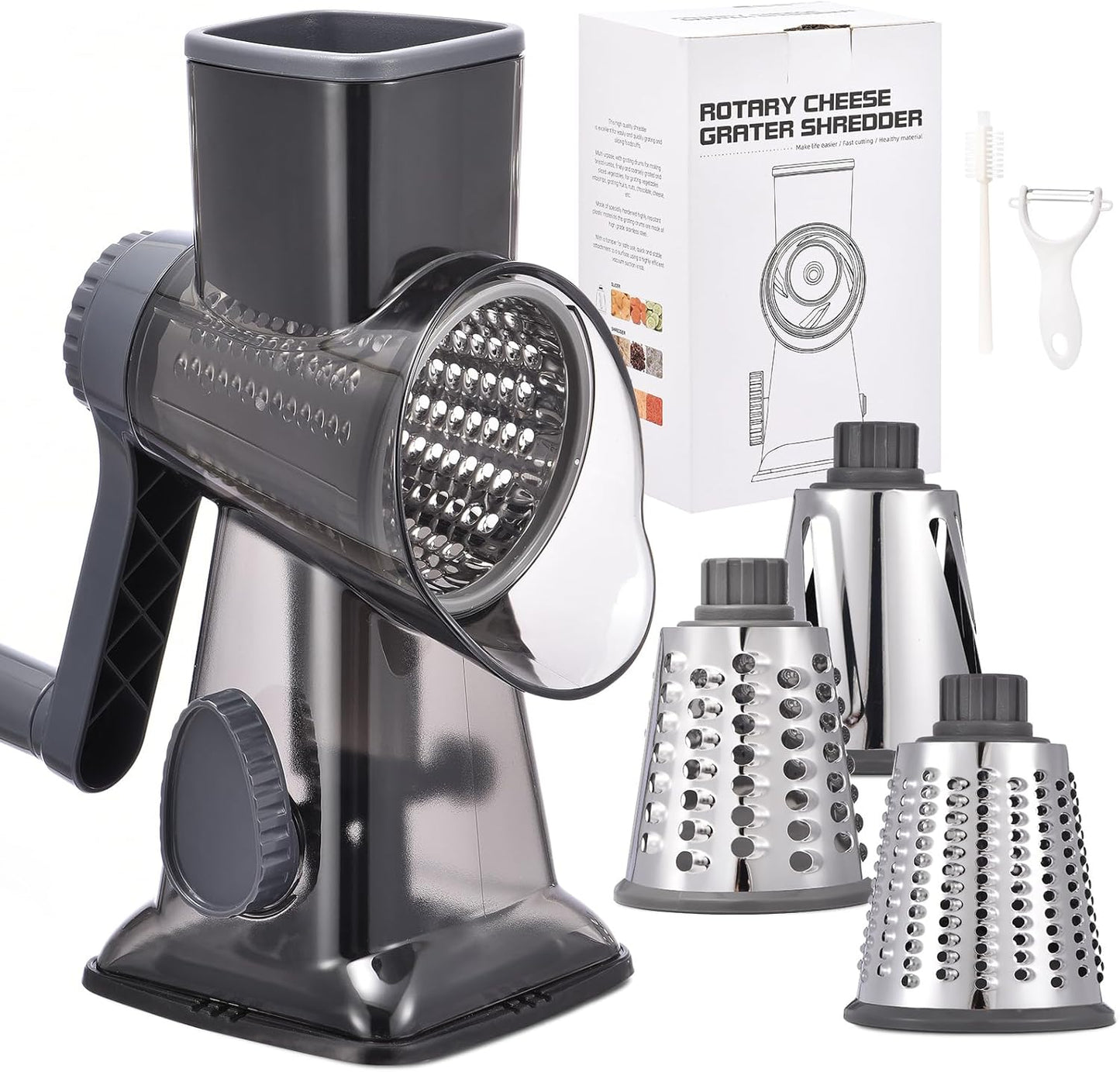 Rotary Cheese Grater Hand Crank Cheese Shredder Vegetable Mandoline Slicer for Kitchen 3 in 1 Changeable Blades for Cheese Potato Nuts Chocolate Ice （Grey TSP)