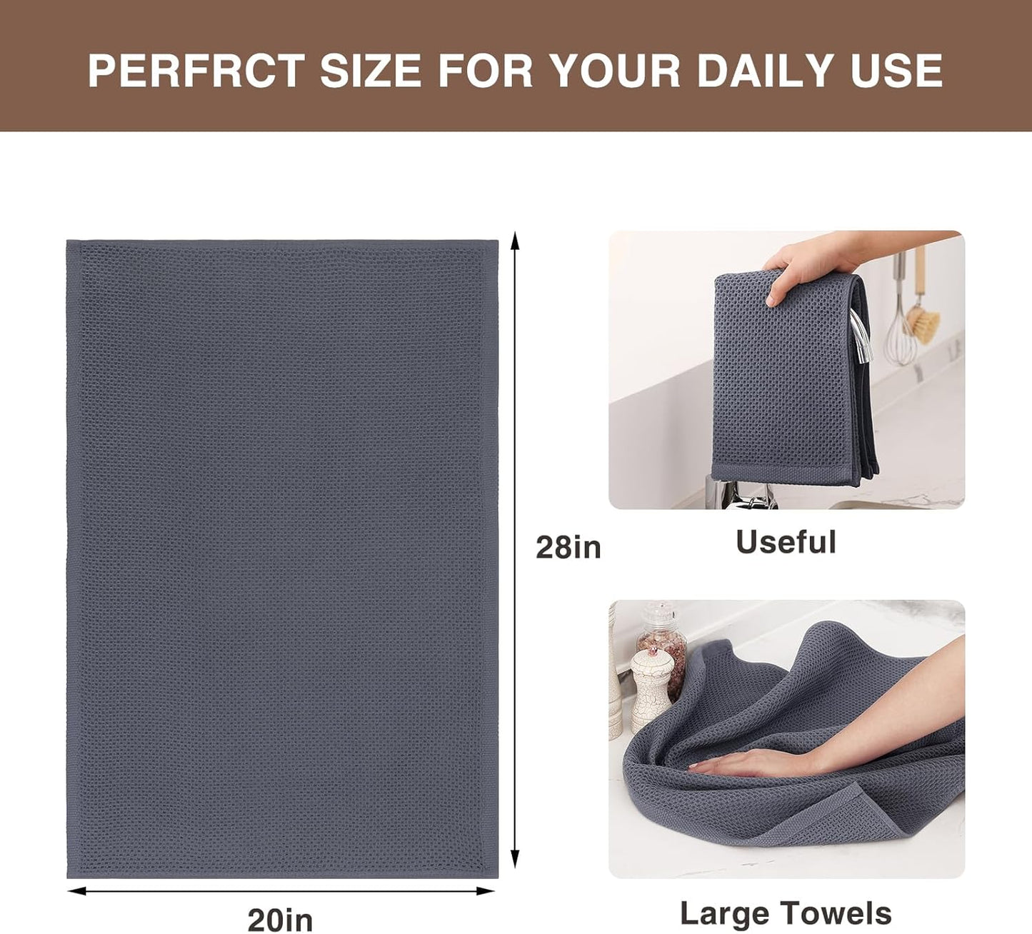 Homaxy 100% Cotton Oversized Waffle Weave Kitchen Dish Towels, Ultra Soft Absorbent Quick Drying Cleaning Towel, 20 x 28 Inches, 4-Pack, Dark Grey