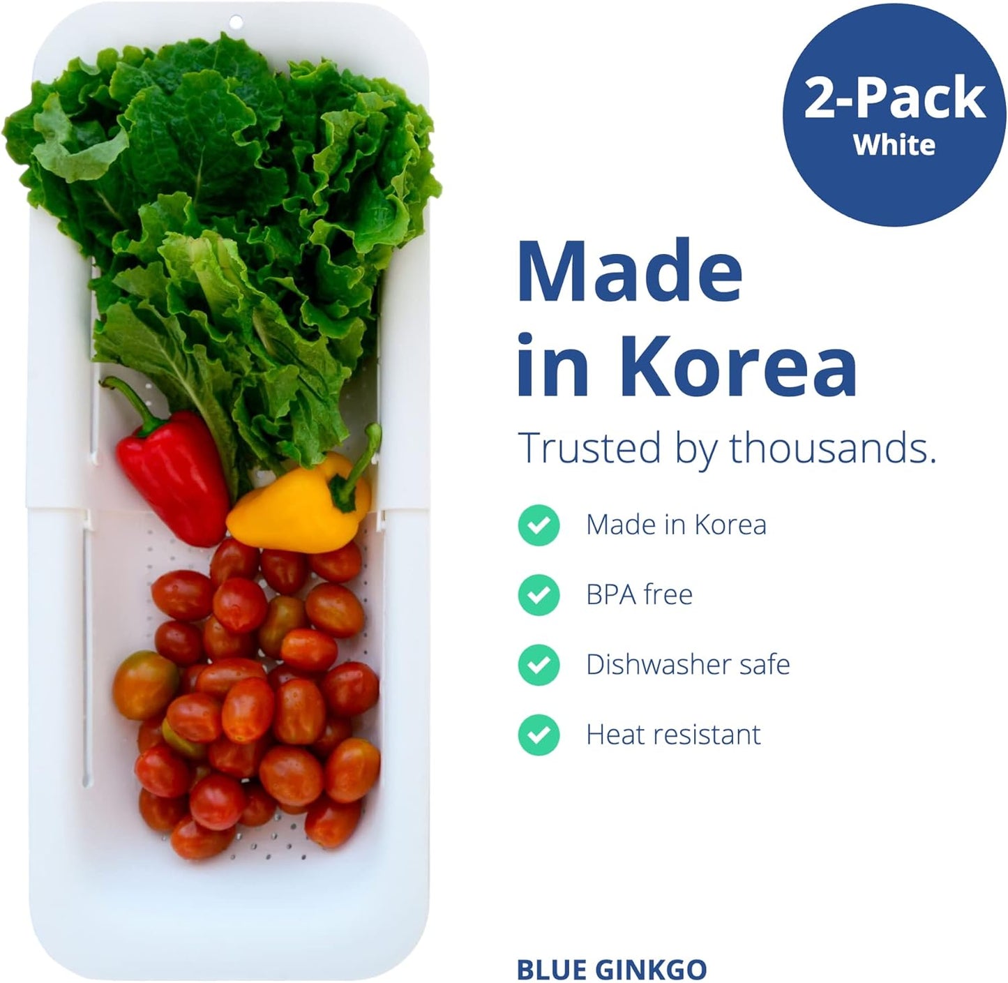 BLUE GINKGO Sink Colander Baskets - (Pack of 2) Wash Vegetables and Fruits, Drain Cooked Pasta and Dry Dishes - Extendable - New Home Kitchen Essentials (2 White)