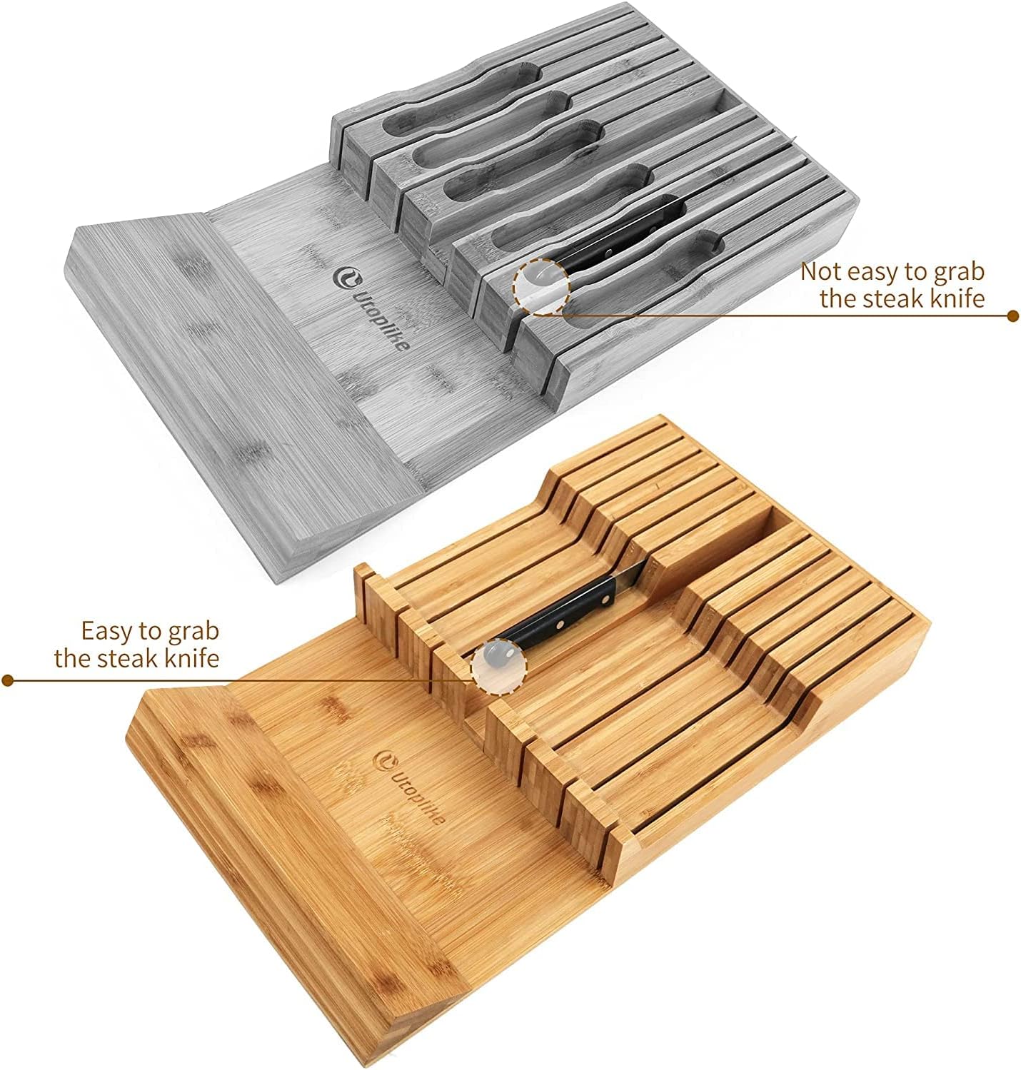 Utoplike in-Drawer Knife Block Bamboo Kitchen Knife Drawer Organizer, Large Handle Steak Knife Holder Without Knives, Fit for 12 Knives and 1 Sharpening Steel (Not Included)