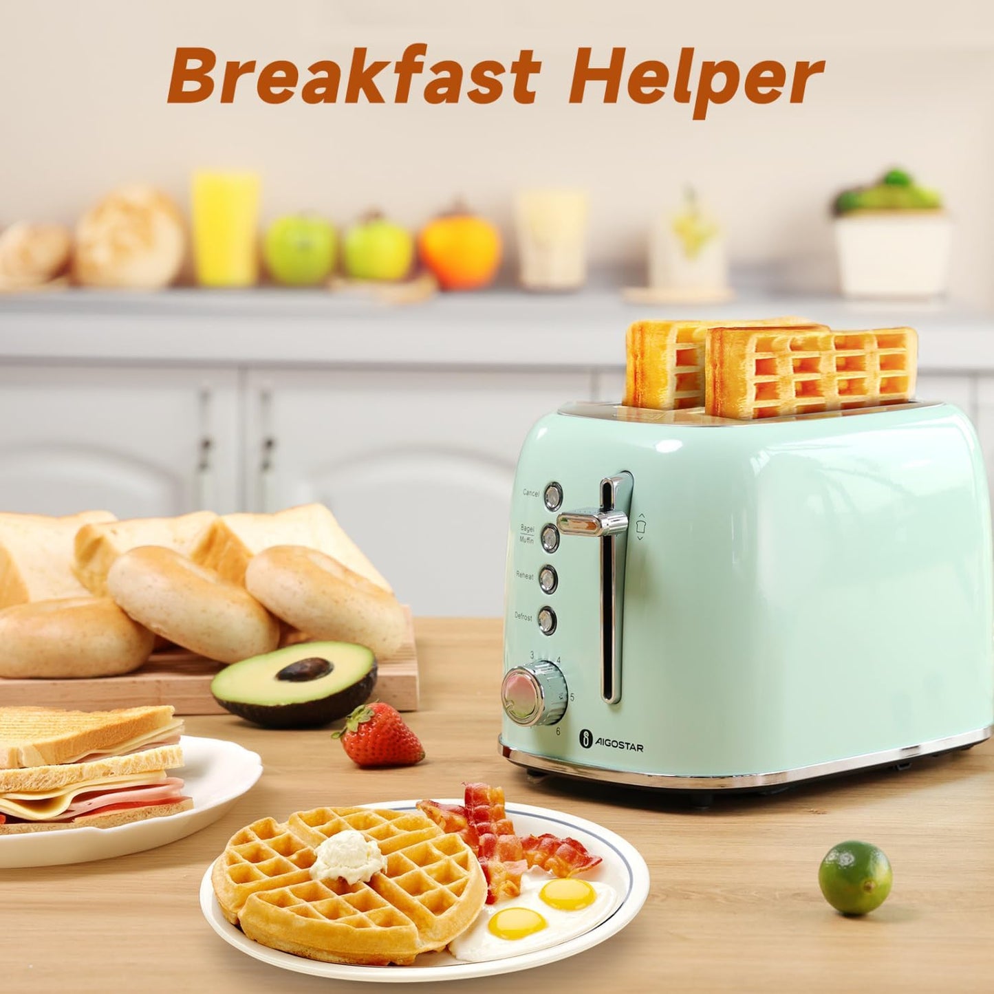 Aigostar Toaster 2 Slice Retro Toaster Stainless Steel, 1.6 inch Extra Wide Slots Bread Toaster Bagel, Cancel, Defrost Function, 6 Shade Settings & Removable Crumb Tray for Bread Waffle, Aqua Green