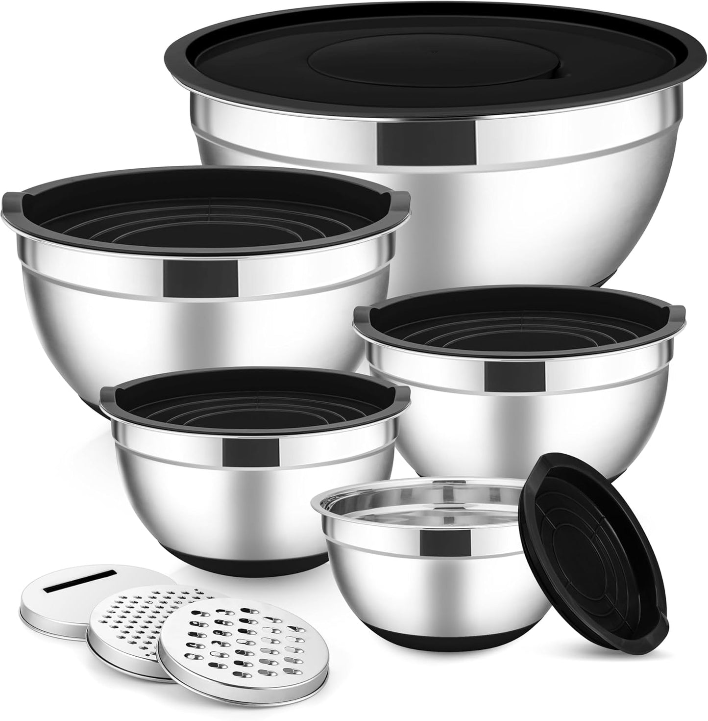 E-far Stainless Steel Mixing Bowls with Lids Set, 5-Piece Nesting Salad Bowls with 3 Grater Attachments and Non-Slip Bottoms, Size 4.6, 2.6, 2, 1.5, 1QT for Kitchen (Black)
