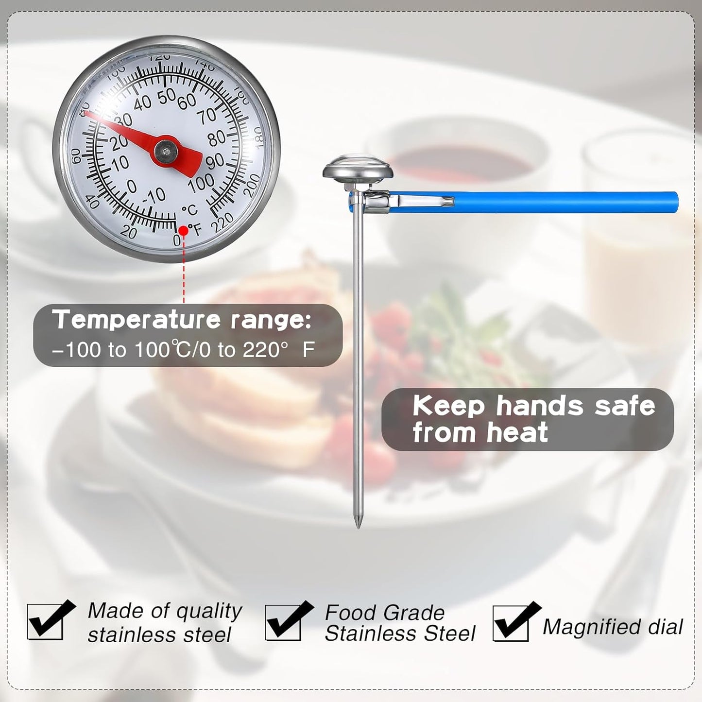 Xuhal 6 Pcs Stainless Steel Kitchen Thermometers with 5 Inch Long Stem 1 Inch Dial Milk Frothing Food Thermometer for Oven Probe Meat Grill BBQ Cooking Chocolate Water (Blue)