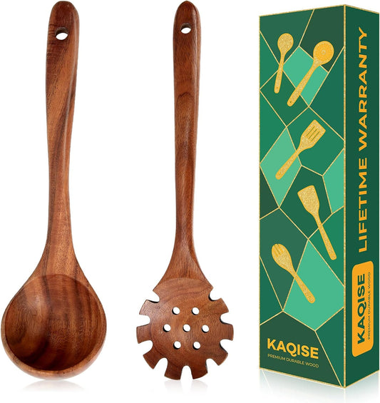 Wooden Spoons for Cooking, Teak Wooden Utensil Set, 2Pcs Kitchen Utensils, Large Cooking Spoons for Soup and Pasta Serving Mixing (Ladle & Pasta Scoop Strainer)