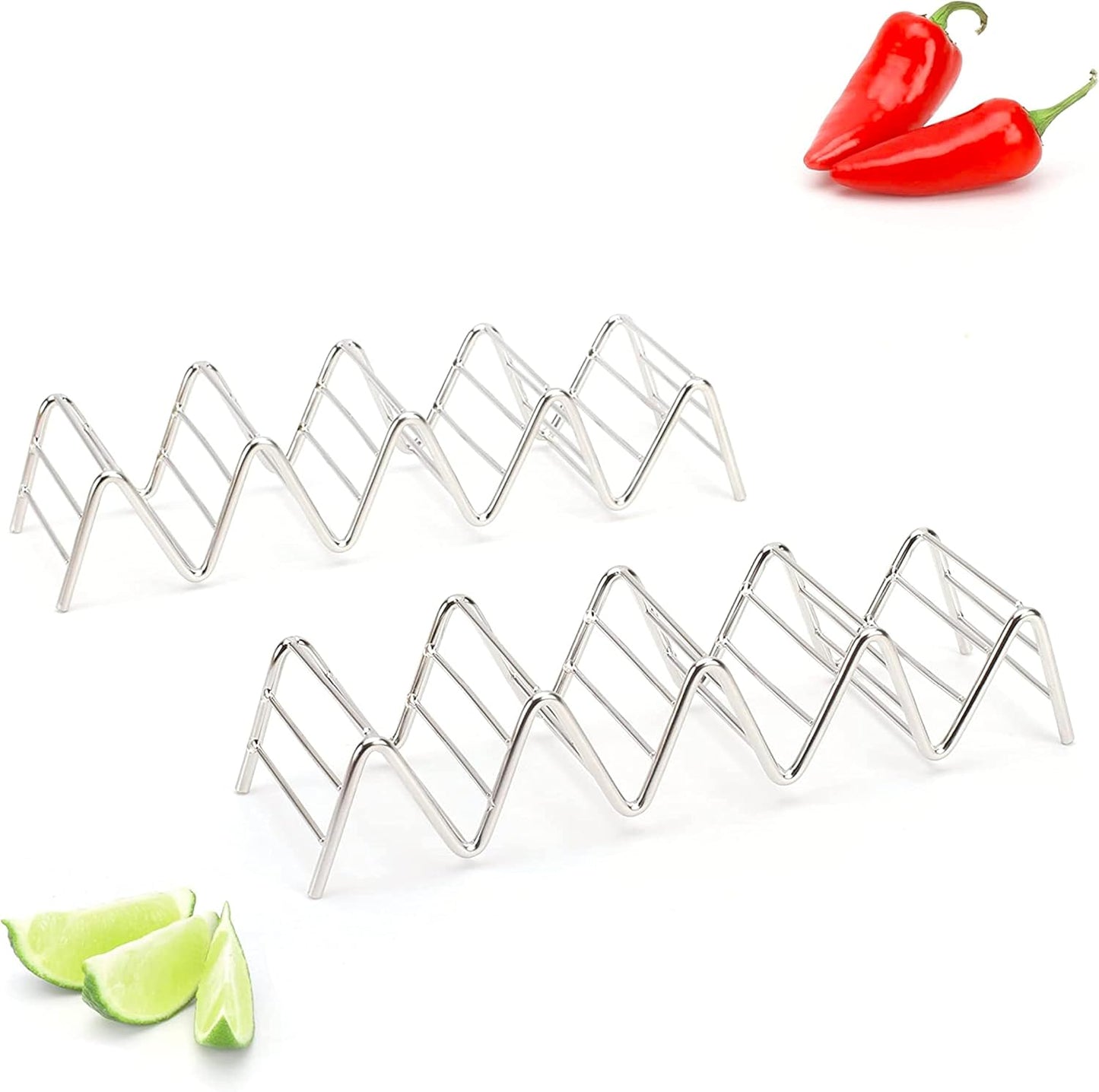 Taco Holders Set of 2 Premium Stainless Steel Stackable Stands, Each Rack Holds 4 or 5 Hard or Soft Tacos, Five Styles Available By 2lbDepot