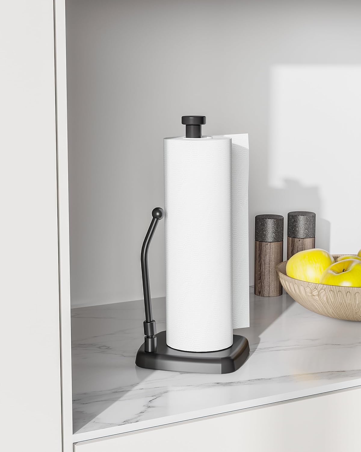Paper Towel Holder Countertop Black, Paper Towel Dispenser Standing Weighted Base Non-Slip, Spring Arm Fit Most Size Tissue Roll, Stainless Steel Paper Towel for Home Kitchen Tabletop