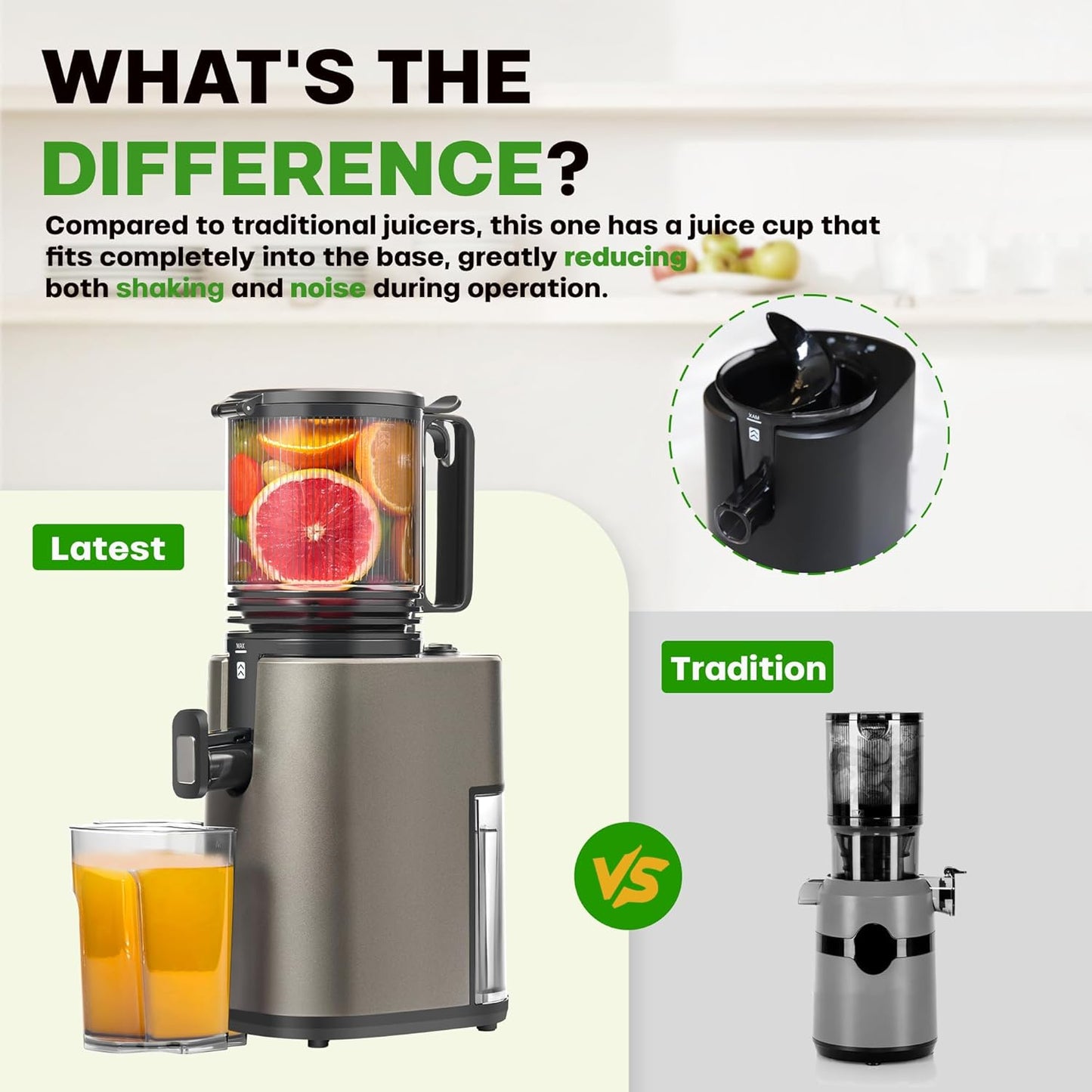 Cold Press Juicer, 5.4" Wide Feed Chute Juicer Machines for Vegetable and Fruit, Slow Masticating Juicer Easy to Clean, Grey