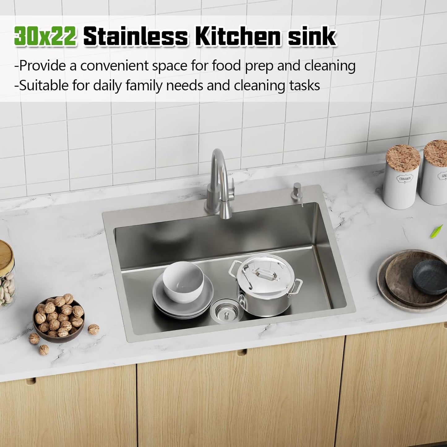 30x22 Inch Stainless Steel Kitchen Sink - Drop In Modern Single Bowl Topmount Kitchen Sink With Silicon Mat,Drain Strainer Set Offering Large Basin And Compatibility With Various Kitchen&Bar Style