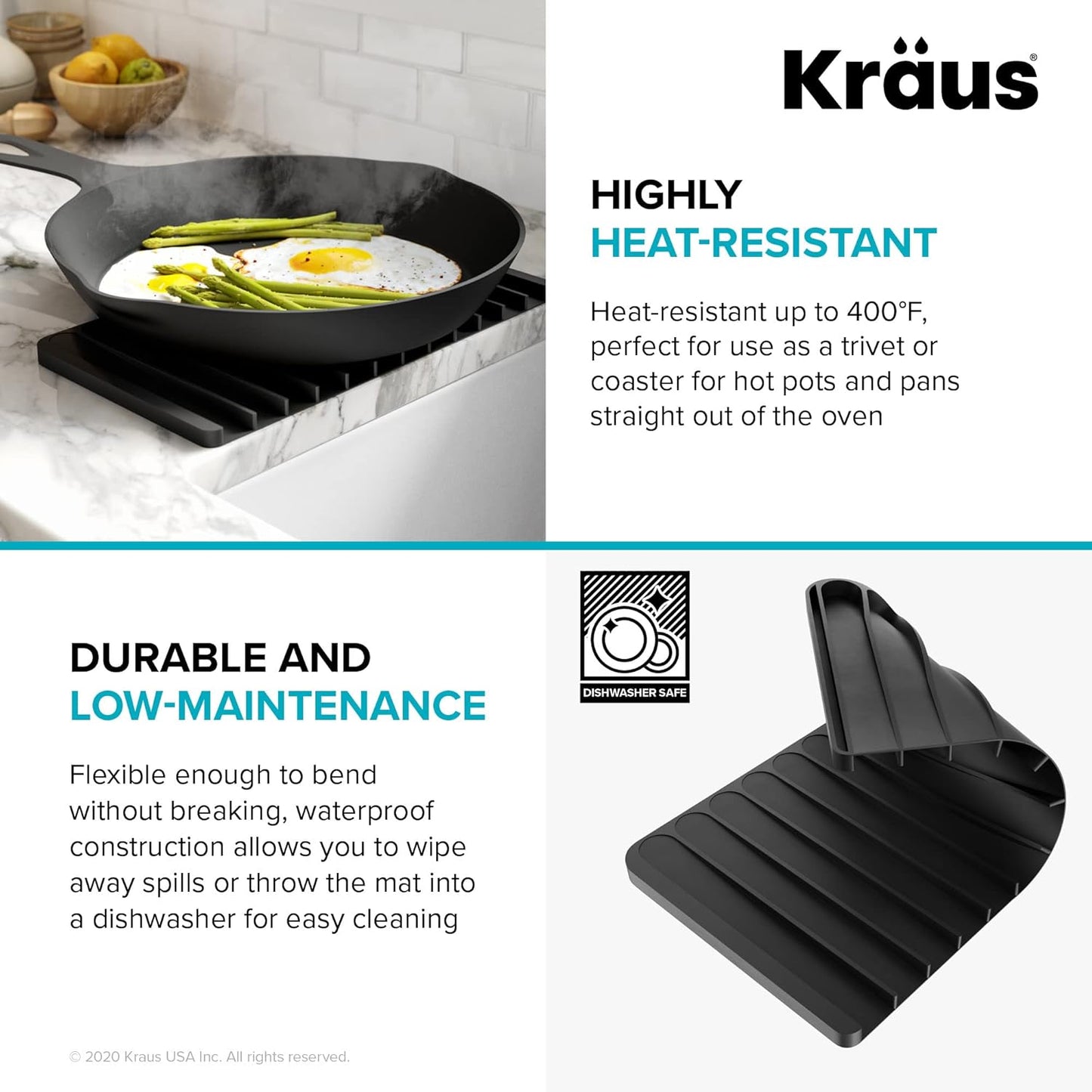 Kraus Self-Draining Silicone Dish Drying Mat and Silicone Soap Dish Holder for Bathroom or Kitchen Counter in Black, KDM-10-05BL