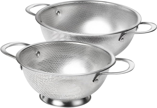Premium Stainless Steel Colander for Kitchen, Food Strainer Basket with Handle and Solid Ring Base for Fruits Vegetables Rice and Pasta, Dishwasher Safe (3QT+5QT)