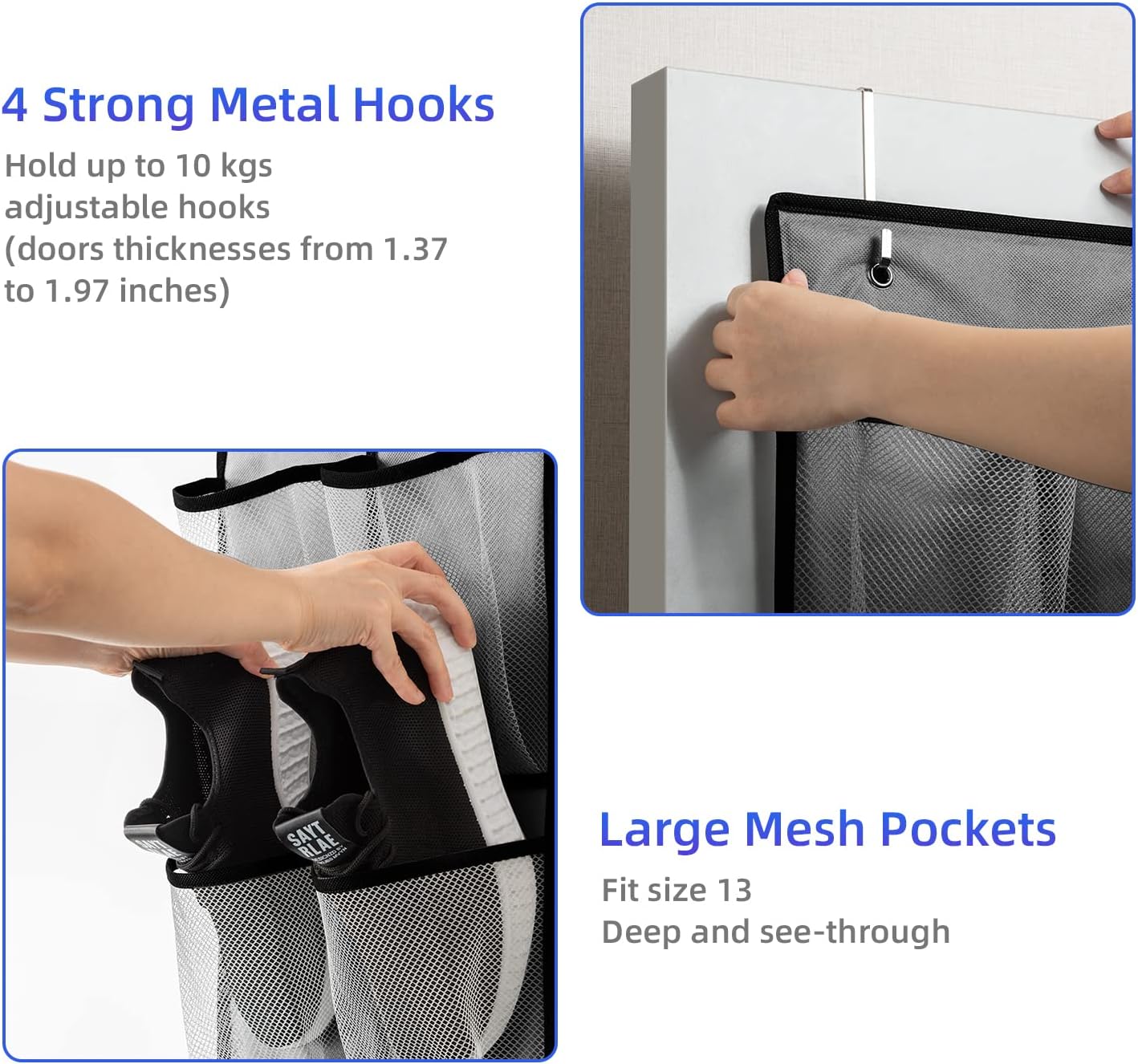 KEEPJOY Over the Door Shoe Organizer, Hanging Shoe Organizer with 4 Hooks,Door Shoe Holder with 14 Mesh Deep Pockets Closet Door Shoe Storage Bag (Grey-2Pack)