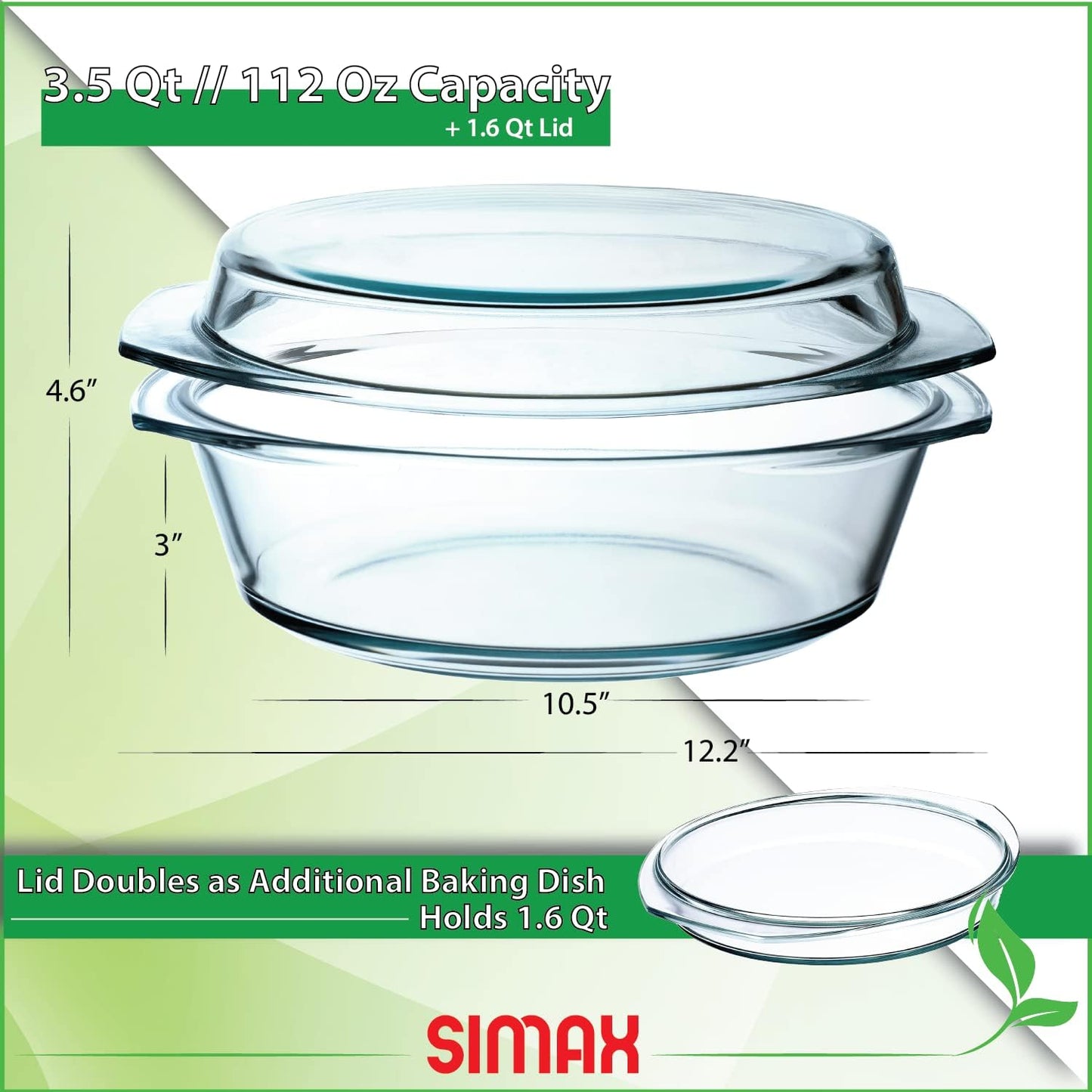 Simax Casserole Dish with Lid, 3.5 Quart Round Glass Casserole Dishes for Oven with Lid and Handles, Baking Dishes for Oven, Covered Bowl for Cooking, Baking, Serving, Microwave, Dishwasher, and Oven Safe Cookware