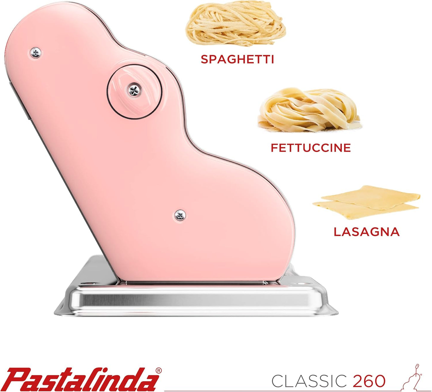 PASTALINDA Classic 260 Pasta Maker Machine, 26 cm Wide Rollers, 9 Thickness Positions, 2 Cutting Positions, Stainless Steel. Includes Reinforced Hand Crank And Two Clamps (Pink)