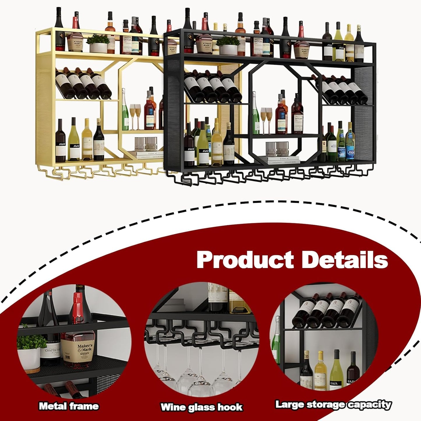 Wall Mounted Wine Rack, 3-Tiers Metal Bar Bottle Holder, Modern Wine Glass Storage Display Shelves, Wall Wine Rack for Kitchen Bar Dining Rooms Decoration ﻿ (Gold, 55.11in/140cm)