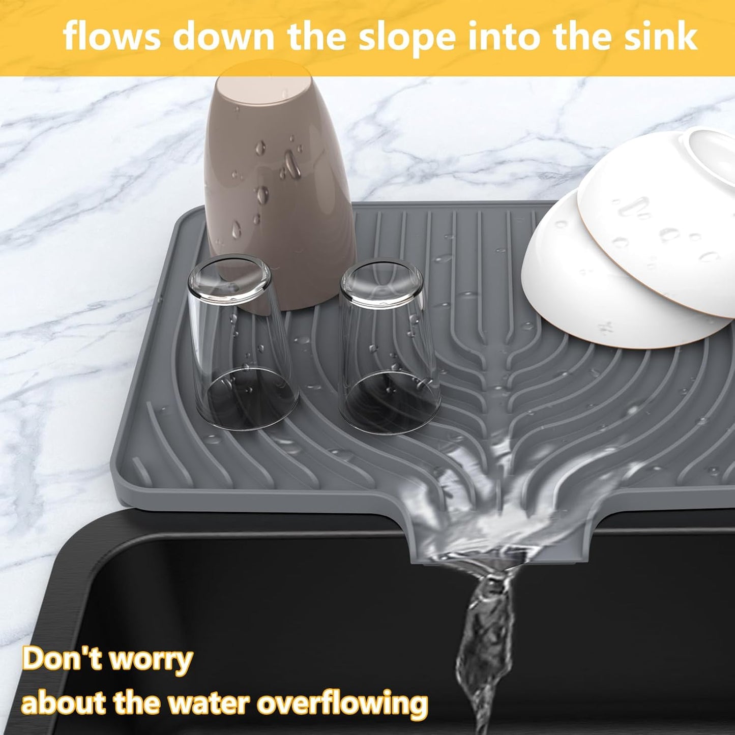 Kitchen Drying Mat, Raised Edge 18"×12"Silicone Dish Drying Mat with Drain Spout for Kitchen Counter, Kitchen Mat for Dishes Drying, (gray)