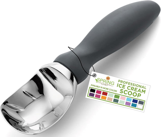 Spring Chef Gray Heavy Duty Ice Cream Scoop with Comfortable Soft Grip Handle, Dishwasher Safe Ice Cream Scooper, Professional Metal Kitchen Tool for Frozen Yogurt, Gelato, Sorbet, Sundae, Melon