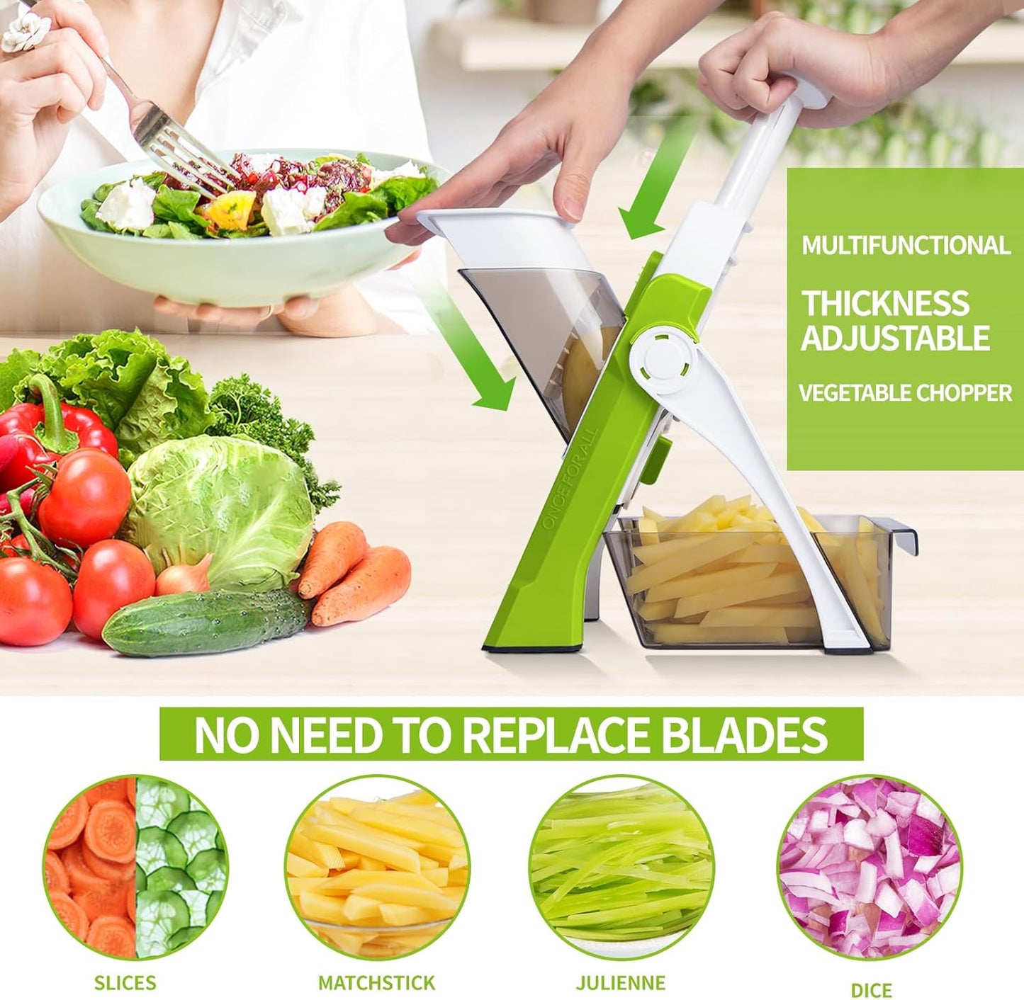Safe Mandoline Slicer and Vegetable Chopper, Multi Potato Slicer for Kitchen, 4 Modes 100+ Presets Thickness Adjustable,(Green)