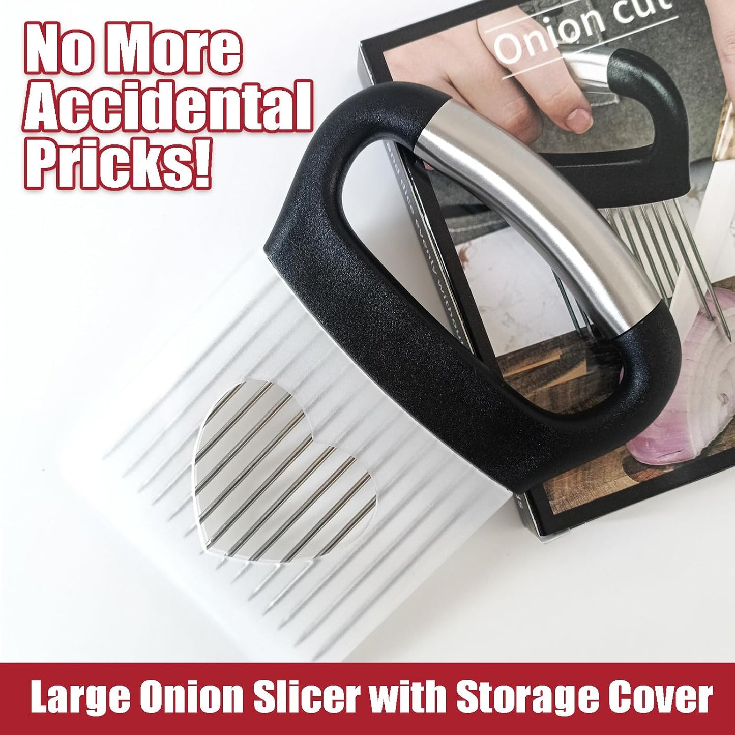 Onion Slicer with Protective Cover - Stainless Steel Cutter for Slicing Tomatoes, Potatoes, Avocados - Multiuse Vegetable Chopper and Meat Tenderizer