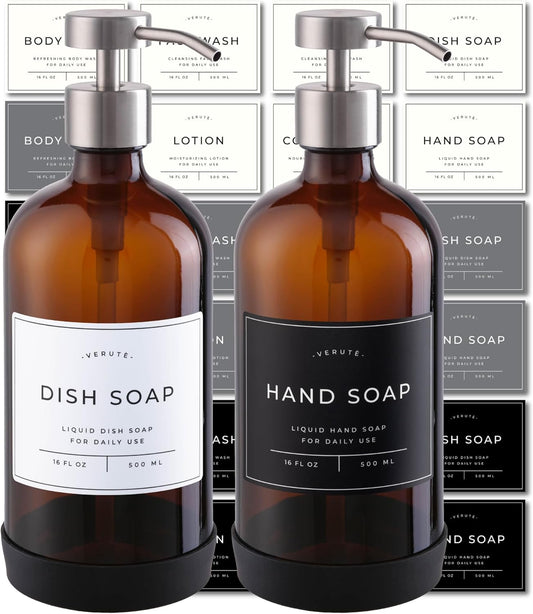 16oz Glass Soap Dispenser with Stainless Steel Pump, 21 Waterproof Labels, Non-Slip Protective Silicone Pad, Set of 2 for Bathroom & Kitchen (Amber Bottle/Brushed Silver Pump)