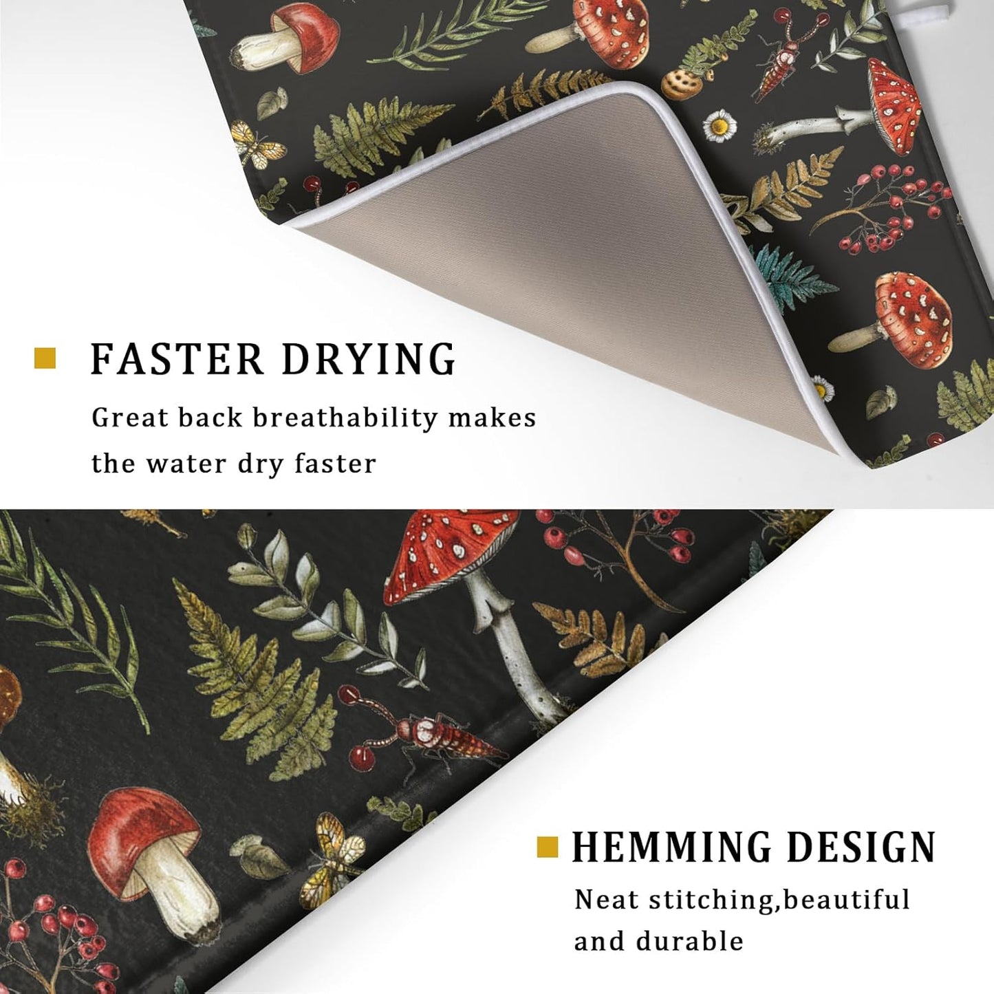 Natural Botanical Dish Drying Mat Mushroom Fern Leaves Berry Drainer Mat Black Drying Pad for Countertop 18 X 24 Inch