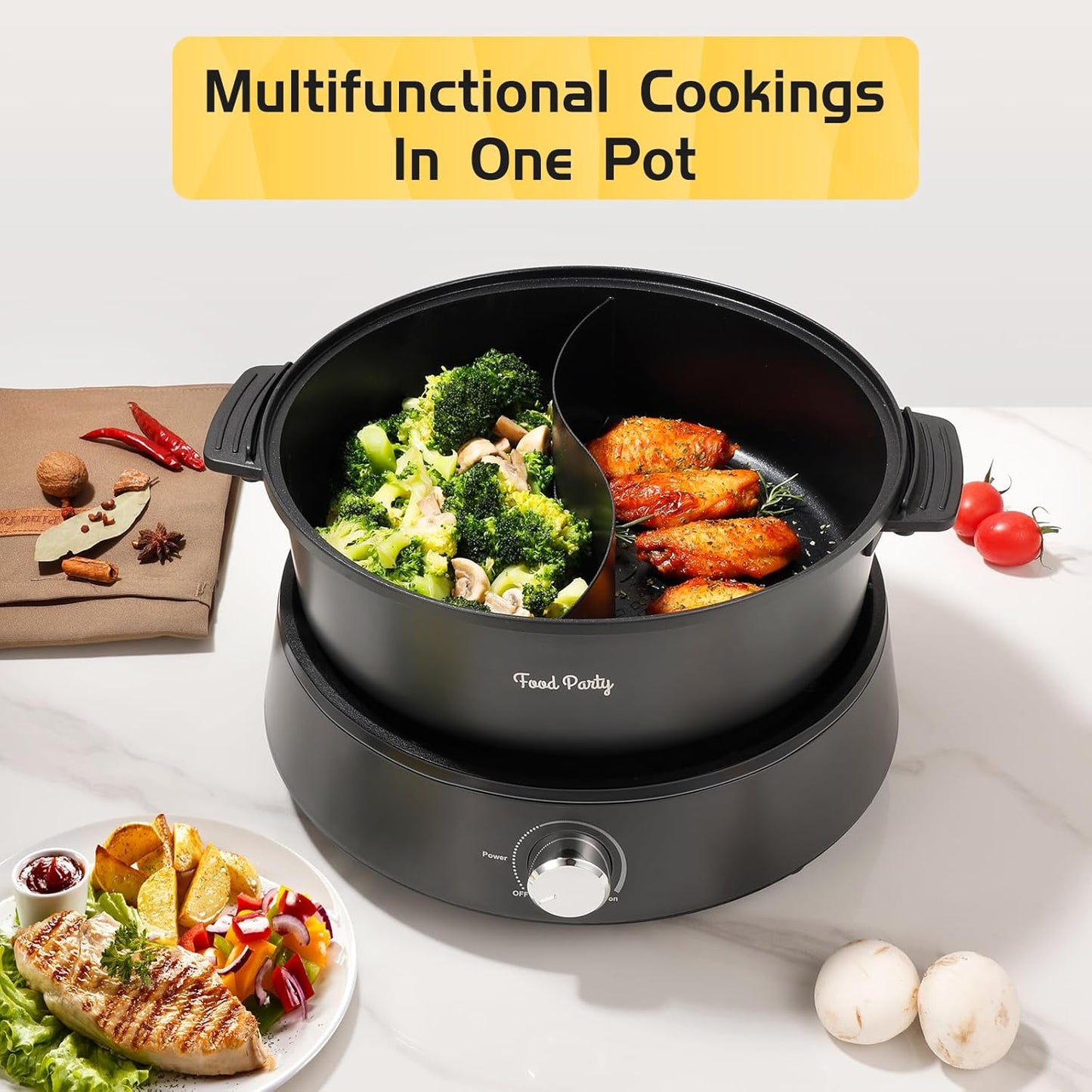Food Party Hot Pot Electric Upgraded Separable Shabu Shabu Pot with Divider Hotpot Pot Electric Cooker Dual Sided 110V 1350W Non-Stick 5L Fondue Pot for 2-6 People