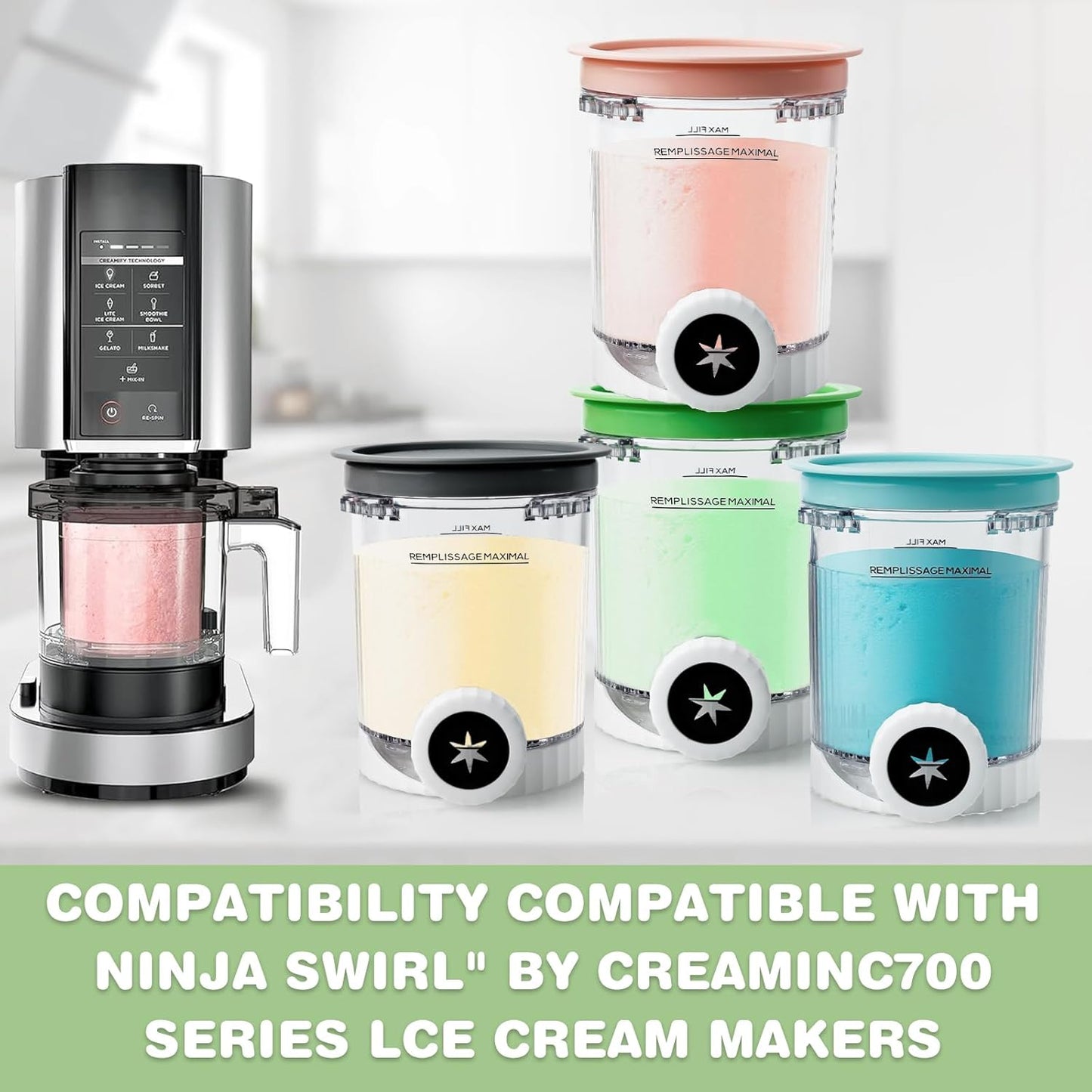 Pints and Lids Replacement Compatible with Ninja Creami Swirl NC700 Series, 16oz Containers for NC701, NC701Q, CN701CO Ice Cream Makers, BPA-Free, Clear (4-Packs)