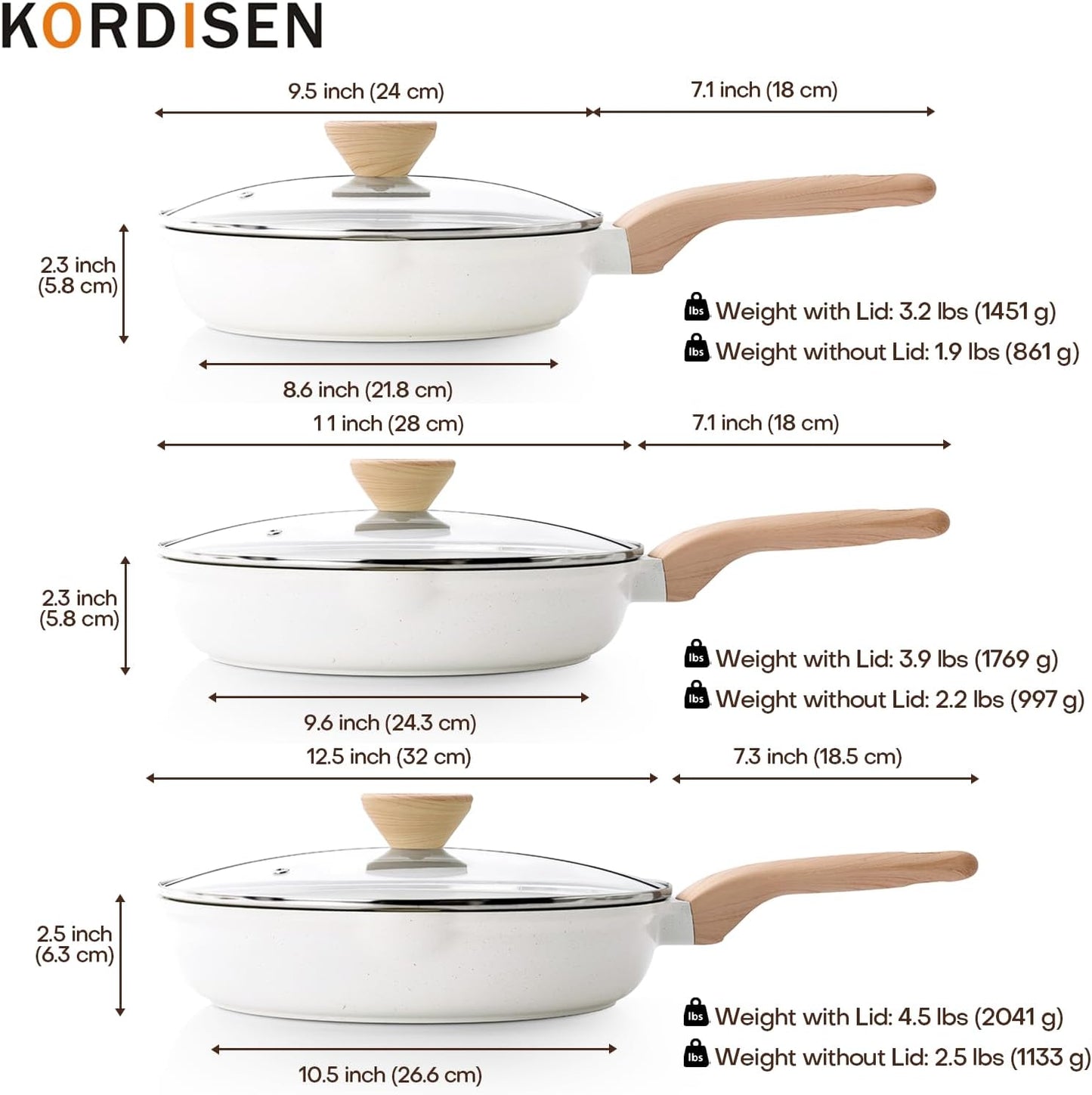 Ceramic Nonstick Frying Pan Skillet Set with Lid, 3 Piece Ceramic Pans for Cooking Non Toxic, Healthy Induction Cookware, Stay-Cool Handle, PFOA & PFAS Free (9.5 Inch, 11 Inch, 12.5 Inch)