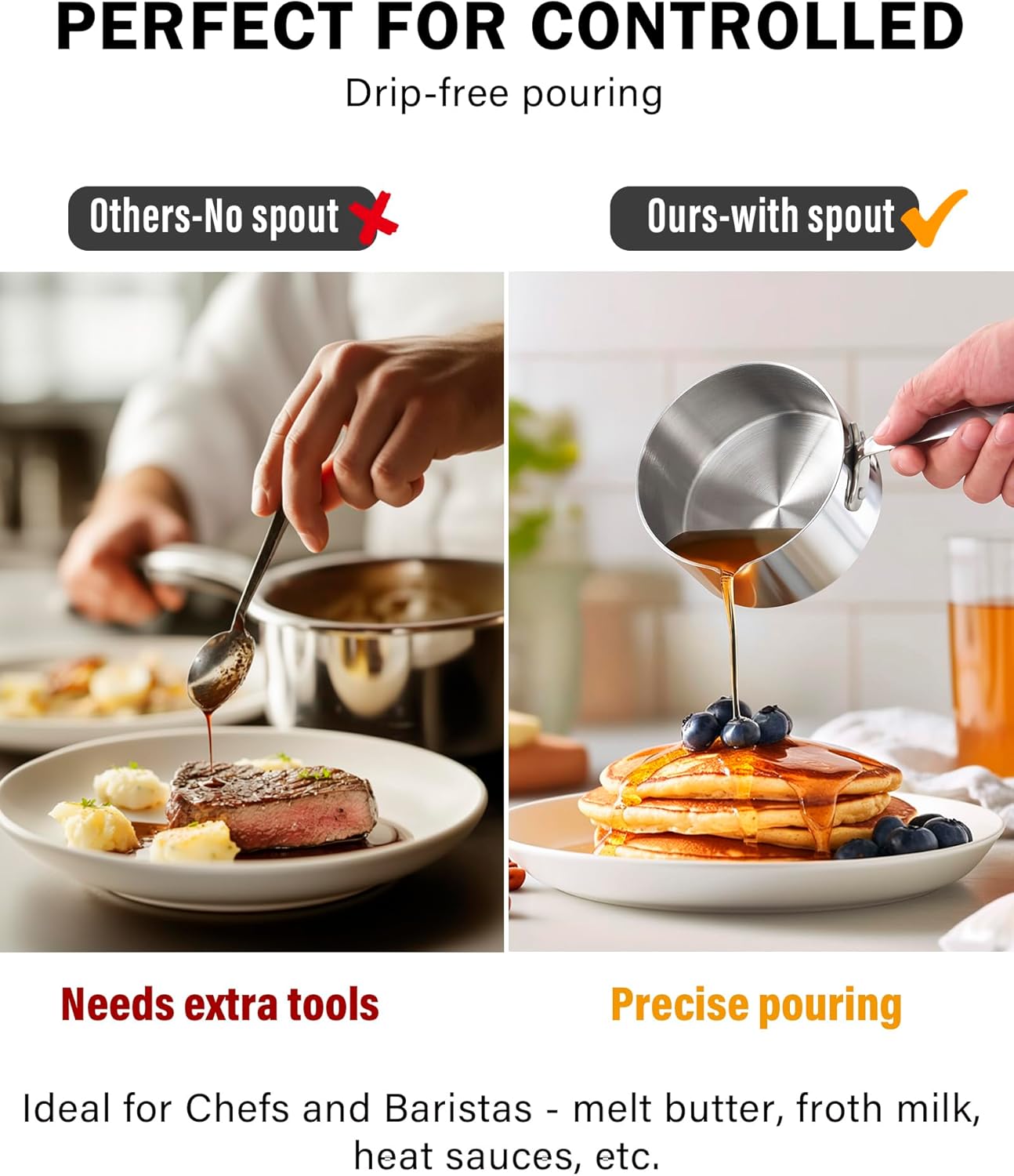 Cooks Standard Stainless Steel Butter Warmer 0.15 QT, Multi-Ply Clad Small Sauce Pan, 140ml Mini Butter Chocolate Milk Melting Pot with Pour Spout Cooking Pot ideal for Chefs, Baristas