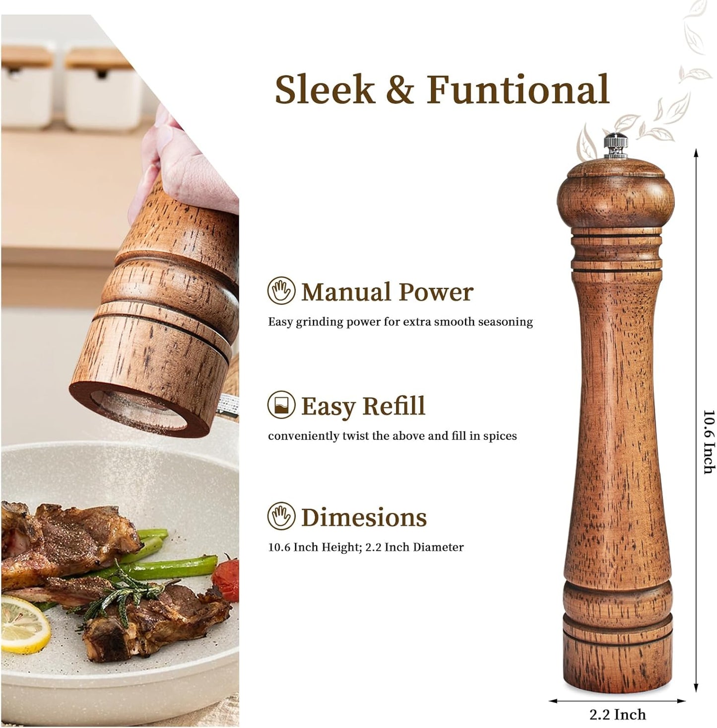 1 Pack - 10 Inch tall Wooden Pepper Mill or Salt Mill Elegant Pepper Grinder Wood with a Adjustable Ceramic Rotor and Easily Refillable - Oak Wood Salt Grinder for Your Kitchen