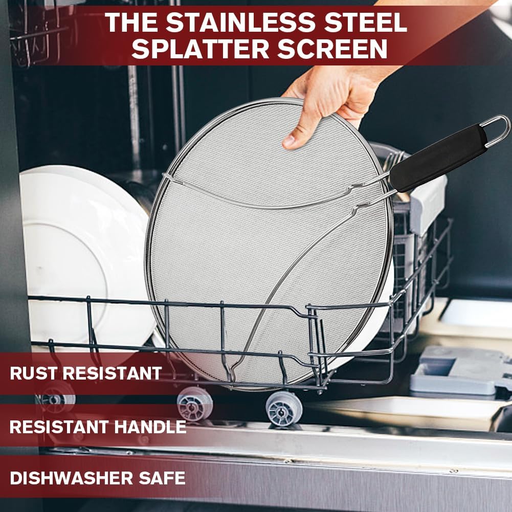 Splatter Screen for Cooking, Perforated Stainless Steel,13 Inch Stainless Steel Grease Splatter Guard, Comfortable Grip, Shield from Splashing Oil