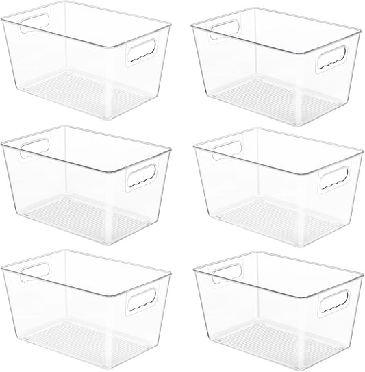 YIHONG 6 Pack Clear Pantry Organizer Bins, Plastic Containers with Handle for Kitchen,Freezer,Cabinet,Closet,Bathroom Under Sink Storage