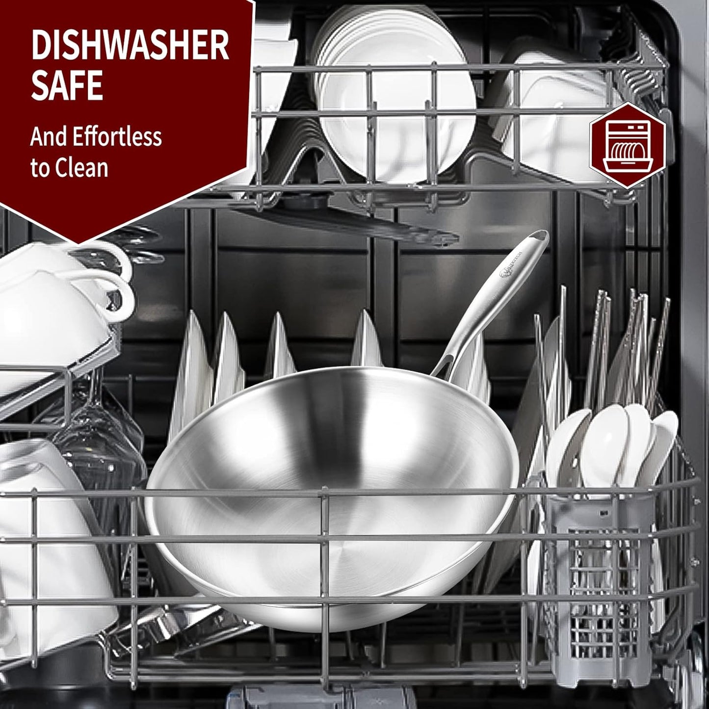 LOLYKITCH Tri-Ply 13 Inch Stainless Steel Wok Pan with Lid, Stir-Frying Pan,Induction Wok,Dishwasher and Oven Safe,Heavy Duty and Detachable handle.