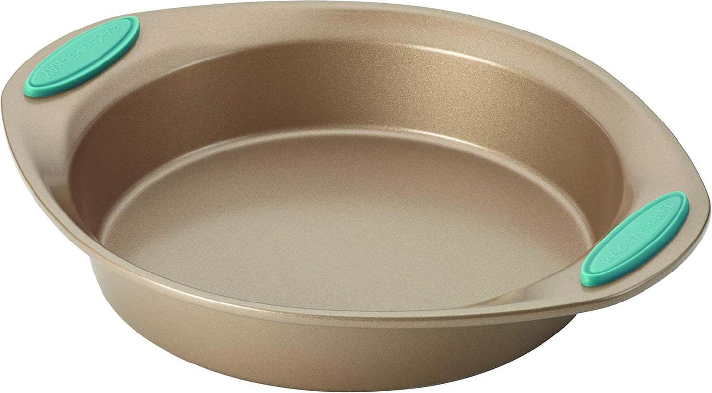 Rachael Ray Cucina Bakeware Set Includes Nonstick Cake Cookie Baking Sheet and Muffin Cupcake Pan, 4 Piece, Latte Brown with Agave Blue Grips