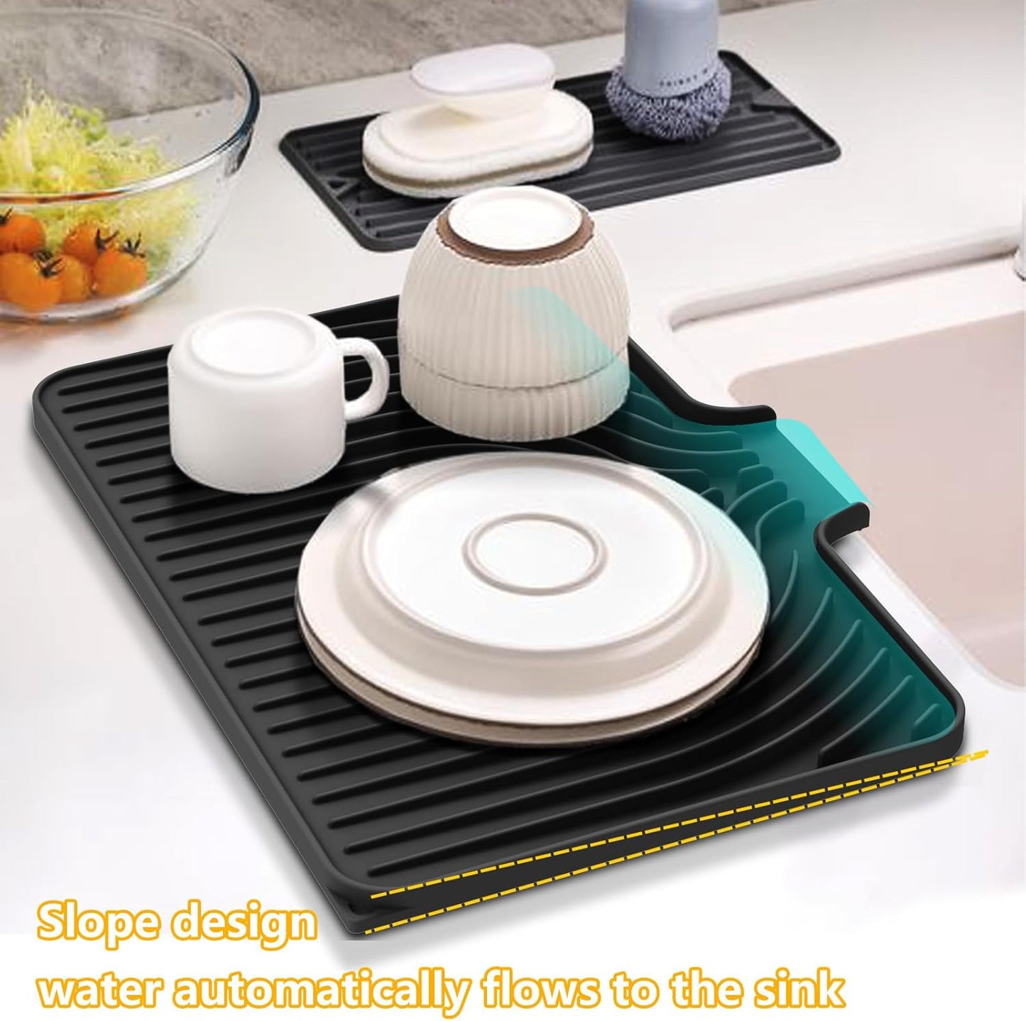 Silicone Drying Mat for Kitchen Counter,18"×12" Silicone Dish Drying Mat with Board Drain,Rubber Kitchen Counter Dry Matt for Dishes Drying Rack(black)