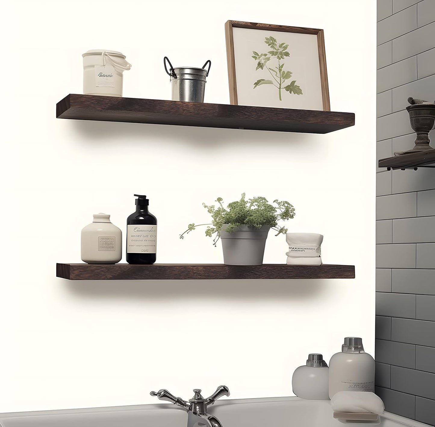 Wood Floating Shelves for Wall, Wooden Wall Shelves for Bedroom, Wall Mounted Shelves for Living Room, Set of 4 Brown 24 Inch