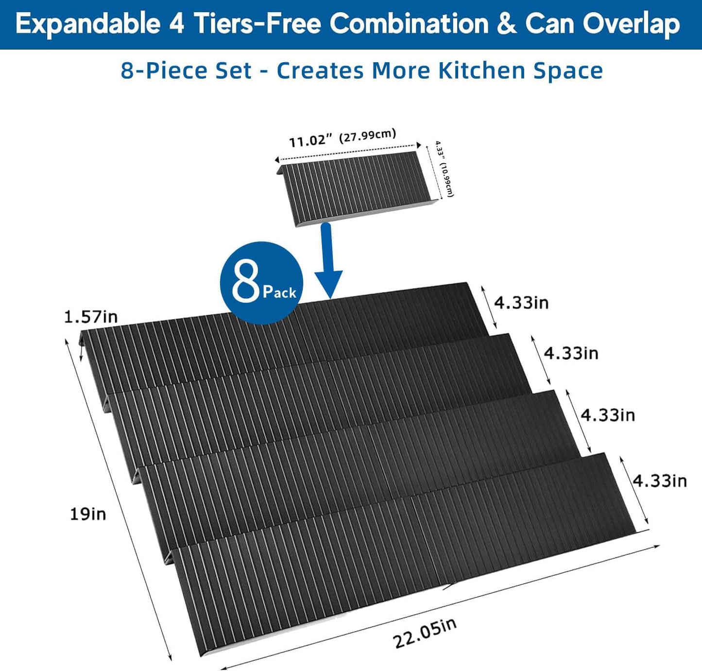 Spice Drawer Organizer, 4 Tier - 8 Pack Black Acrylic Drawer Seasoning Organizer, Expandable from 11'' to 22'', Premium Kitchen Spice Rack Organizers and Storage for Drawer