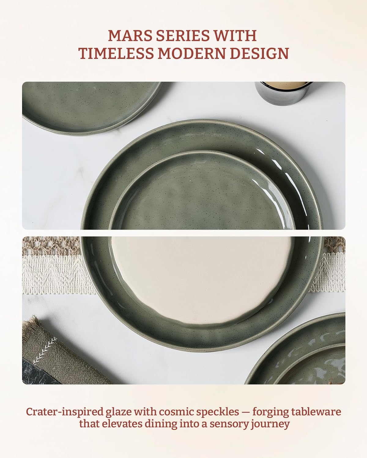 Famiware Mars Plates and Bowls Set, 12 Pieces Dinnerware Sets, Dishes Set for 4, Sage Green