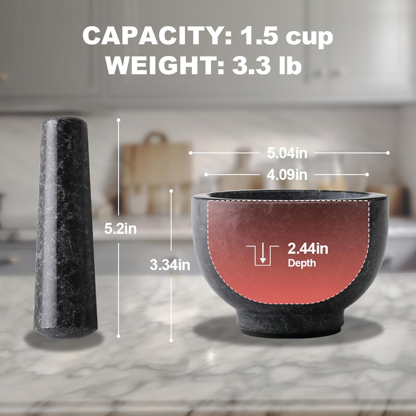 Koville African Natural Granite Mortar and Pestle Set, Grinder Bowl for Guacamole, Salsa, Pill Crusher, Spice, Herb, Garlic, Nut, Heavy Duty Grinder for Kitchen (Glossy Finish)