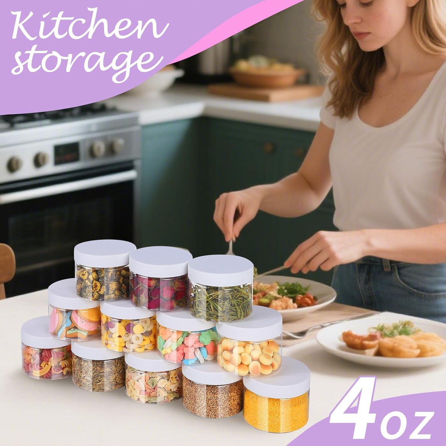 72 PCS 4 OZ Plastic Jars with Screw On Lids,Labels Refillable Empty Round Slime Containers for Storing Dry Food, Honey Jam, Cream, Butter, Lotion, White