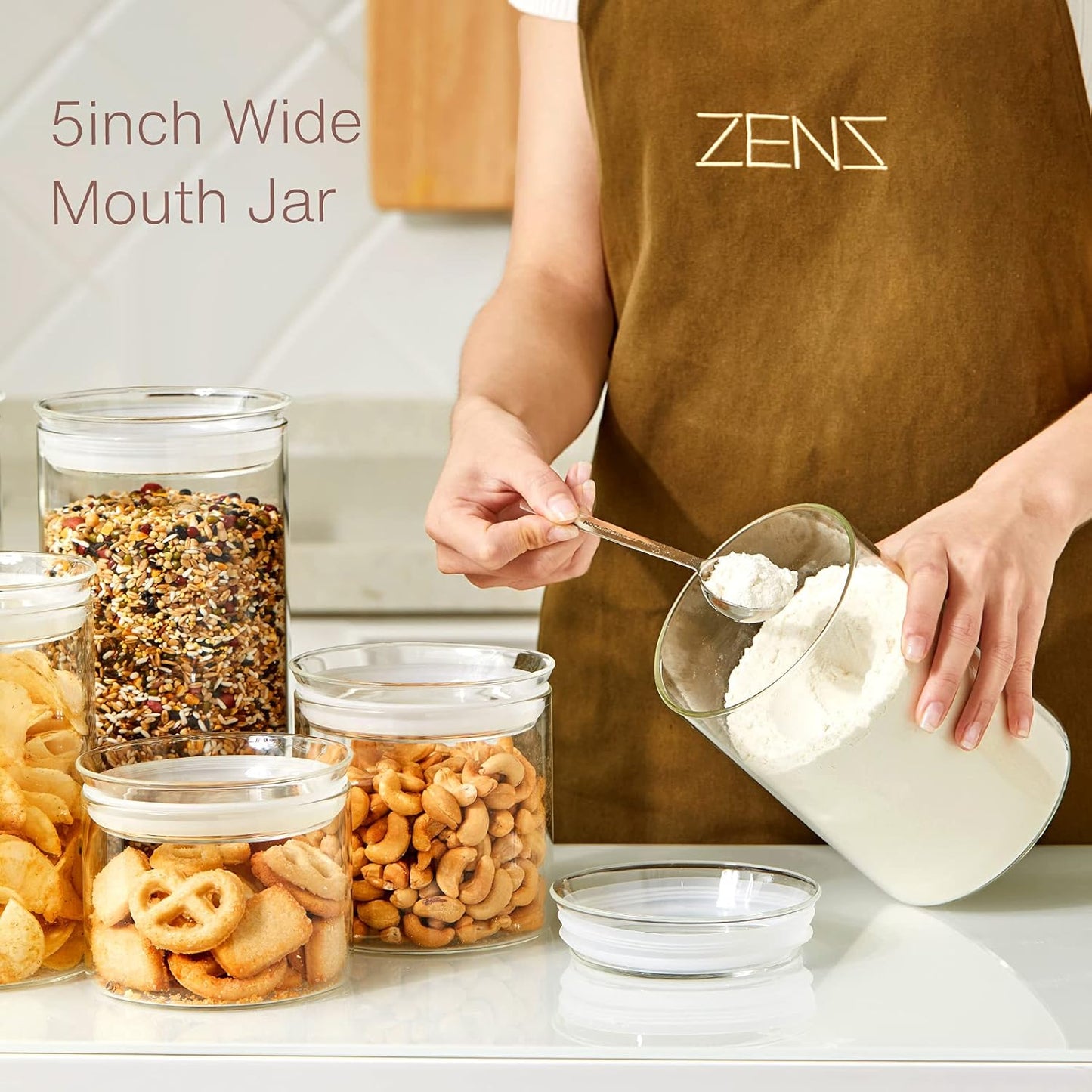 ZENS 74 fl.oz Glass Storage Containers with Airtight Lids, 2 Set 4.7in Wide Mouth Clear Food Storage Jars for Kithen Pantry Baking Flour, Clear Glass Canisters Sets for Pasta, Coffee Beans, Rice
