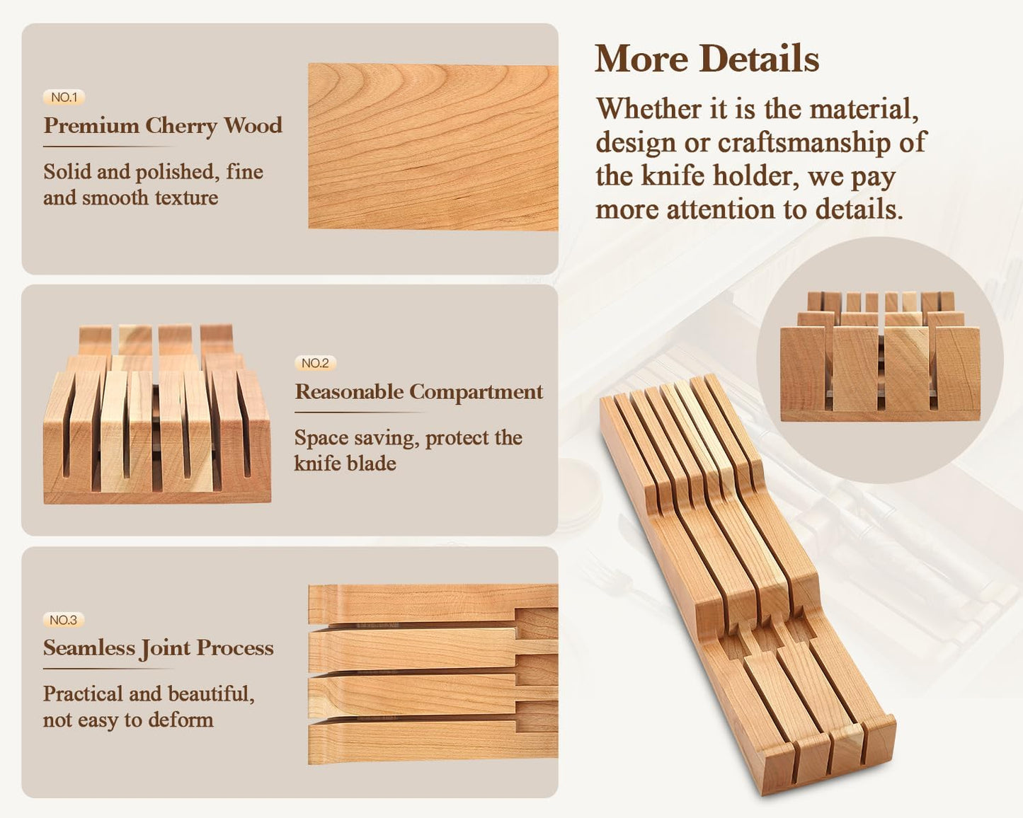 HEZHEN 7-slot Cherry Wood In-drawer Knife Tray,Kitchen Storage Organization Organizer Insert,Saves Countertop Space