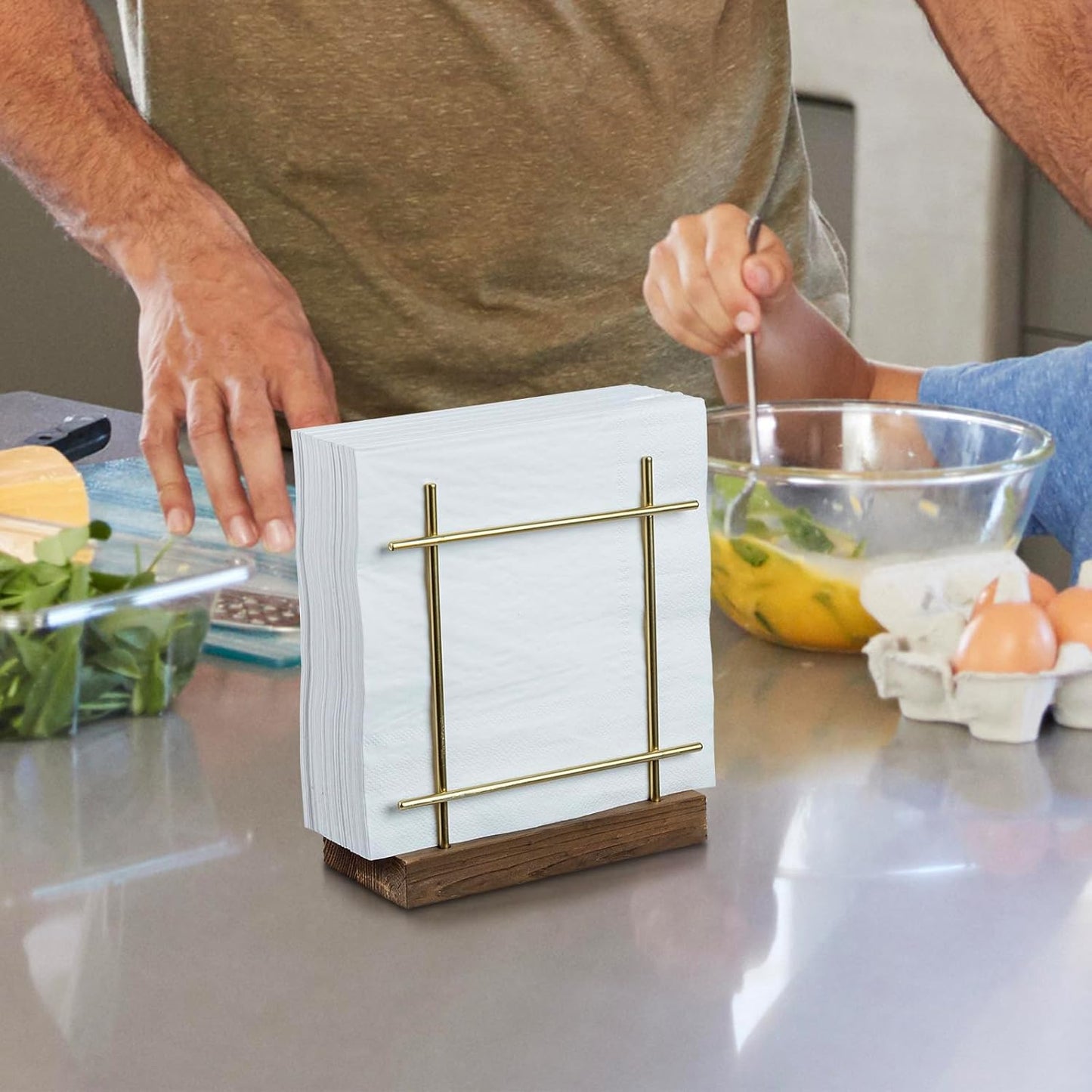 MyGift Napkin Holder for Table, Wire Metal Napkin Dispenser with Wood Base Kitchen Countertop, Contemporary Brass-Tone Tabletop Dining Decor