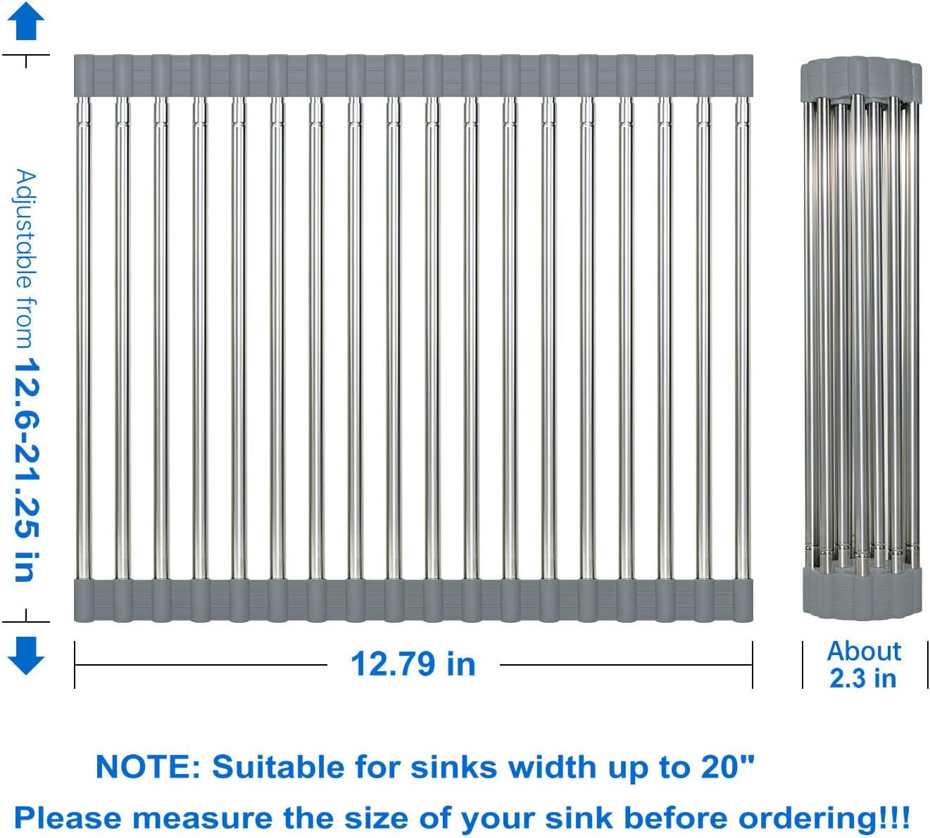 Expandable Large Draining Rack, Roll Up Heat-Resistant Dish Drainer for Stainless Steel Sinks, Collapsible Over The Sink Rack Non-Slip Silicone Rolling Up Rack 18 Tube